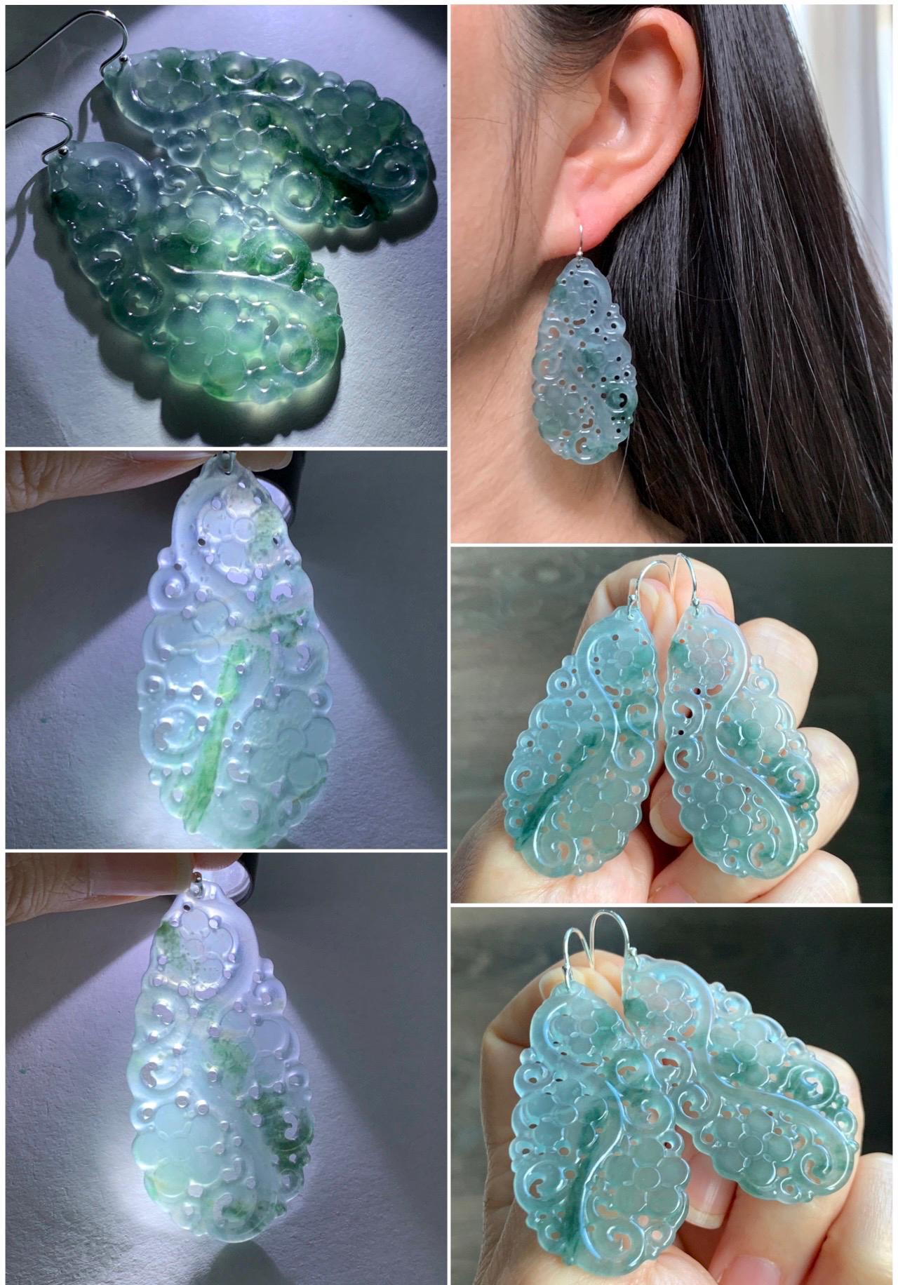 Natural Grade A Guatemalan Icy Translucent Pastel Blue Jade Jadeite Openwork Engraved Earrings Sterling Silver 天然冰危淡蓝飘花翡翠镂空雕水滴银耳钩 WPH150