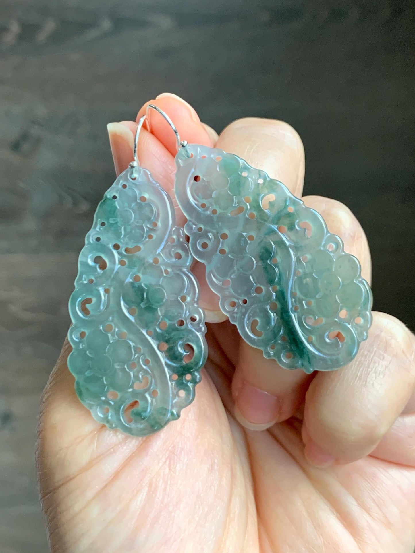 Natural Grade A Guatemalan Icy Translucent Pastel Blue Jade Jadeite Openwork Engraved Earrings Sterling Silver 天然冰危淡蓝飘花翡翠镂空雕水滴银耳钩 WPH150
