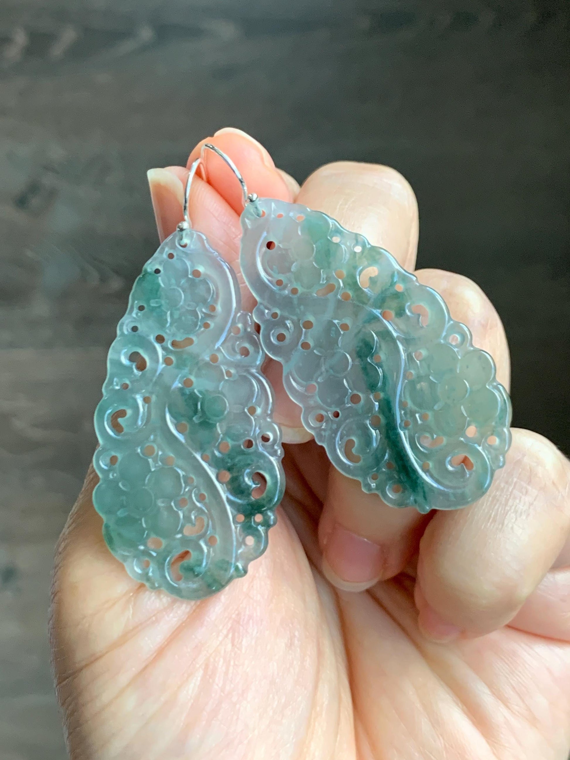 Natural Grade A Guatemalan Icy Translucent Pastel Blue Jade Jadeite Openwork Engraved Earrings Sterling Silver 天然冰危淡蓝飘花翡翠镂空雕水滴银耳钩 WPH150