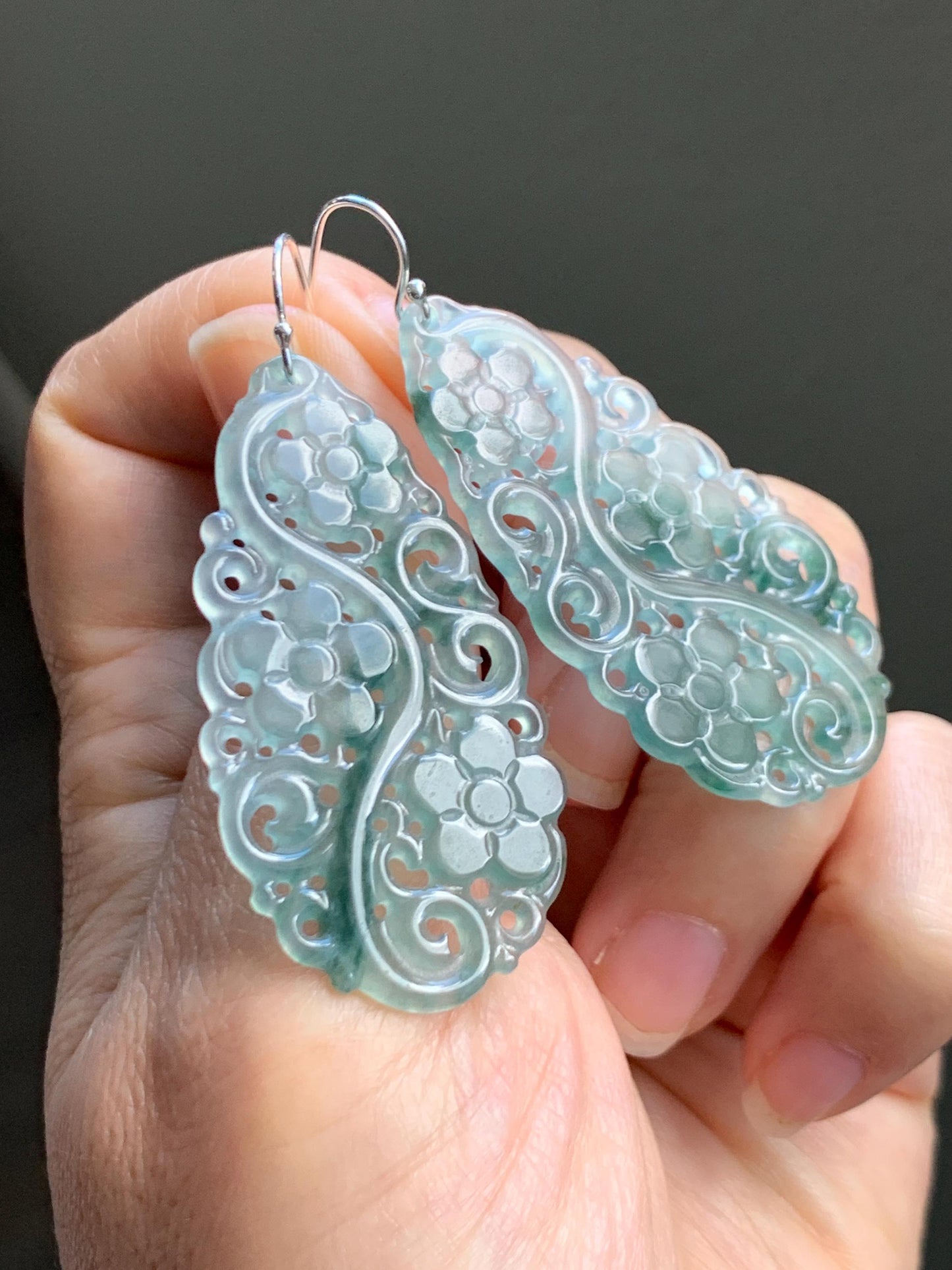 Natural Grade A Guatemalan Icy Translucent Pastel Blue Jade Jadeite Openwork Engraved Earrings Sterling Silver 天然冰危淡蓝飘花翡翠镂空雕水滴银耳钩 WPH150