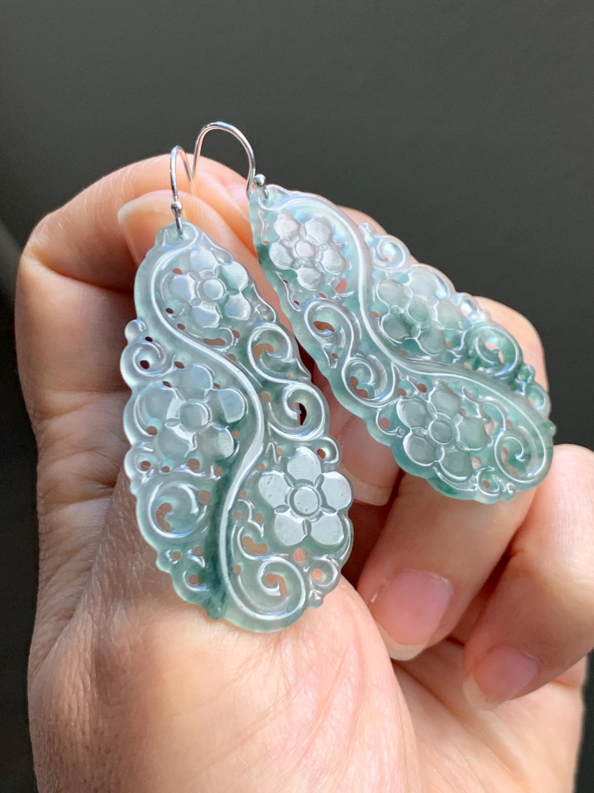 Natural Grade A Guatemalan Icy Translucent Pastel Blue Jade Jadeite Openwork Engraved Earrings Sterling Silver 天然冰危淡蓝飘花翡翠镂空雕水滴银耳钩 WPH150