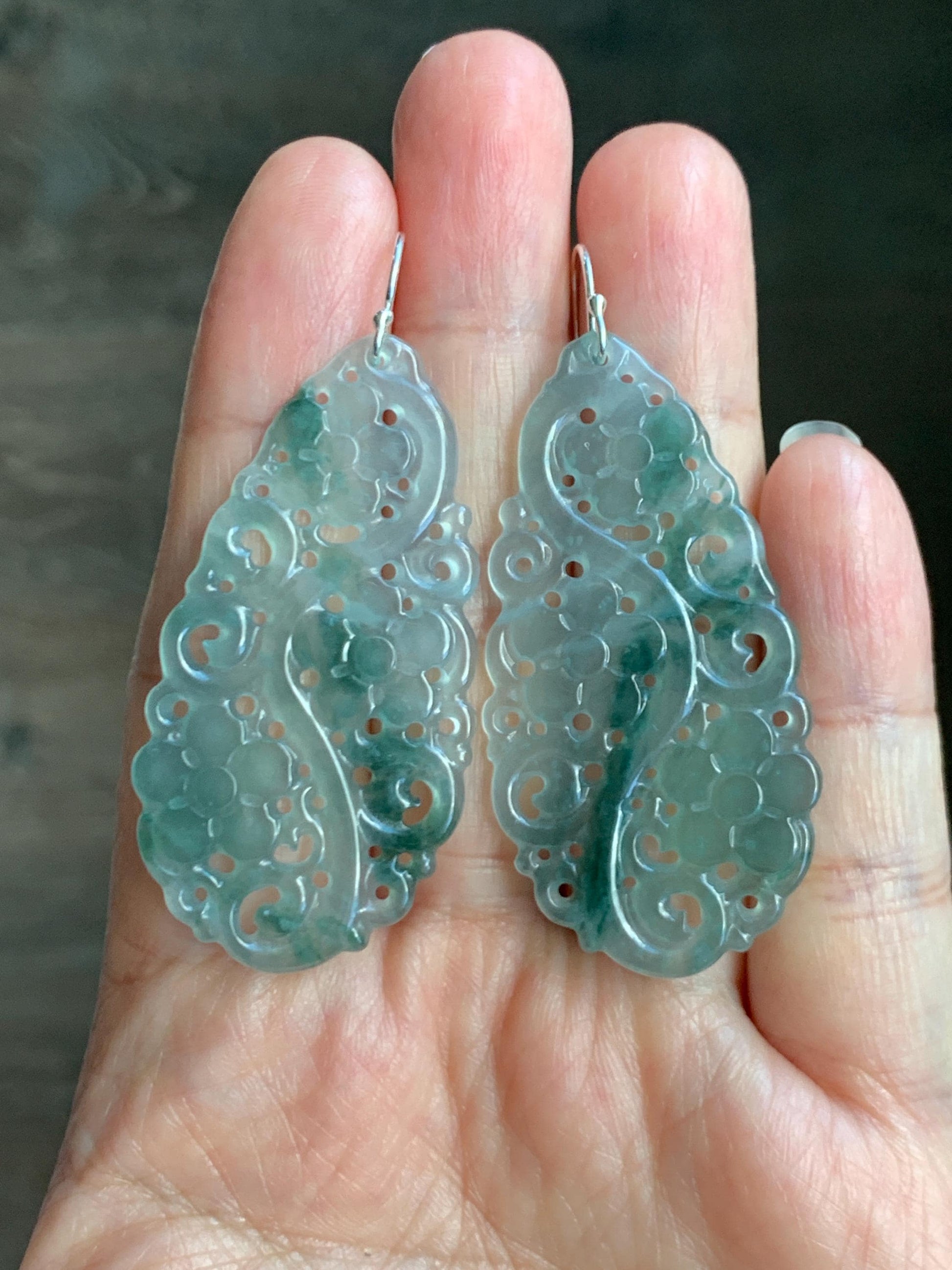 Natural Grade A Guatemalan Icy Translucent Pastel Blue Jade Jadeite Openwork Engraved Earrings Sterling Silver 天然冰危淡蓝飘花翡翠镂空雕水滴银耳钩 WPH150