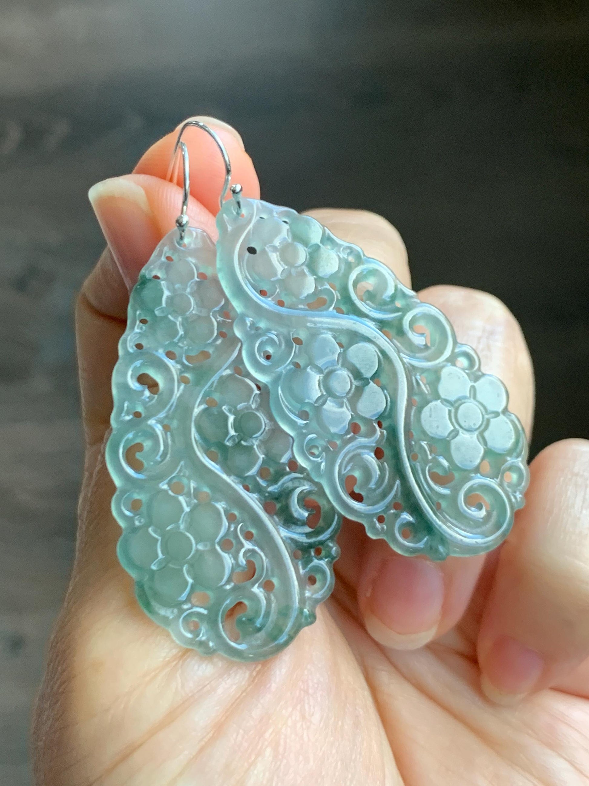 Natural Grade A Guatemalan Icy Translucent Pastel Blue Jade Jadeite Openwork Engraved Earrings Sterling Silver 天然冰危淡蓝飘花翡翠镂空雕水滴银耳钩 WPH150