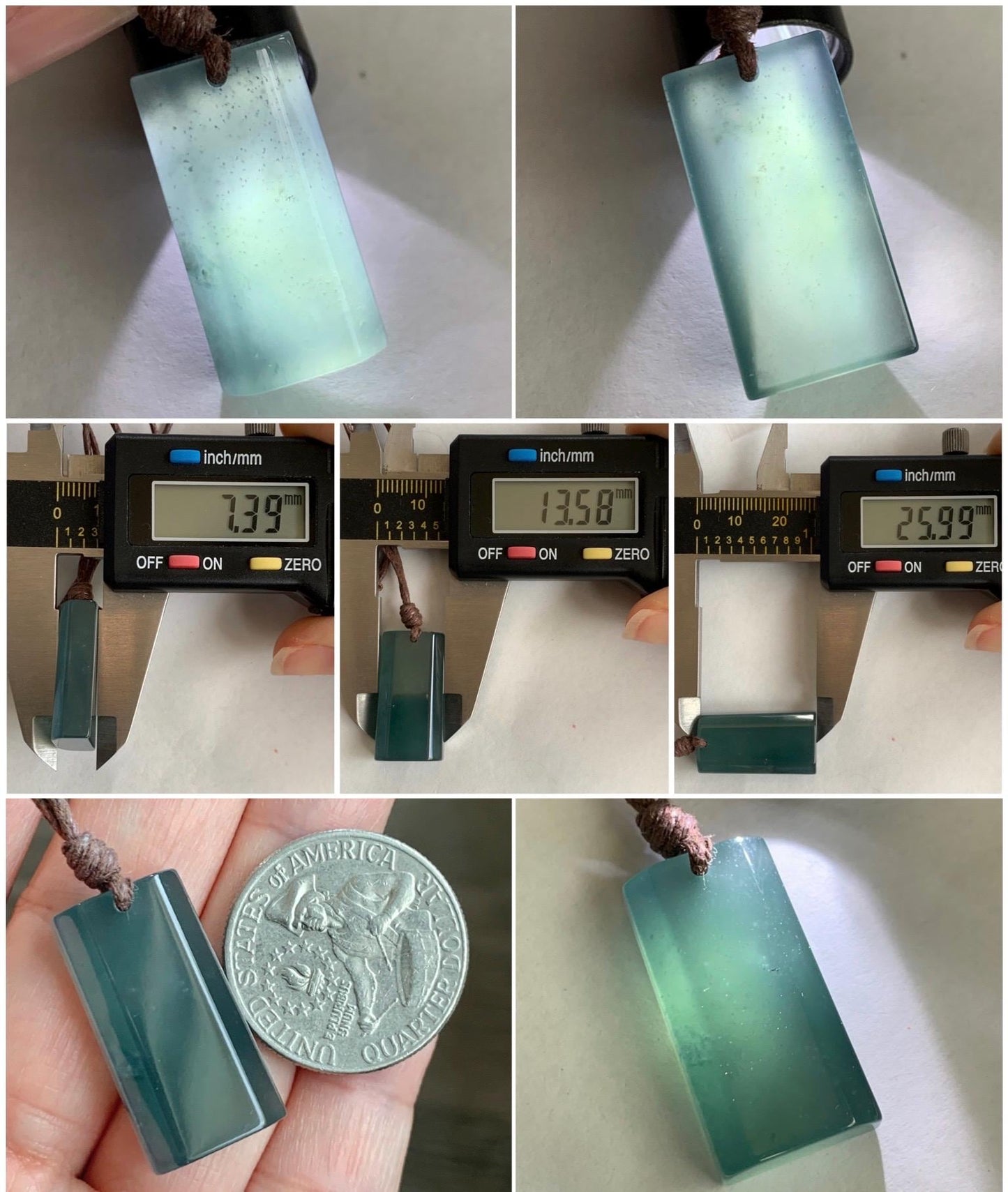 Natural Grade A Guatemalan Icy Highly Translucent Dark Teal Jade Jadeite Wu Shi Pai Pendant Rope Necklace 27" 8g 天然老种冰危深蓝绿翡翠梯形无事牌吊坠 GWP168
