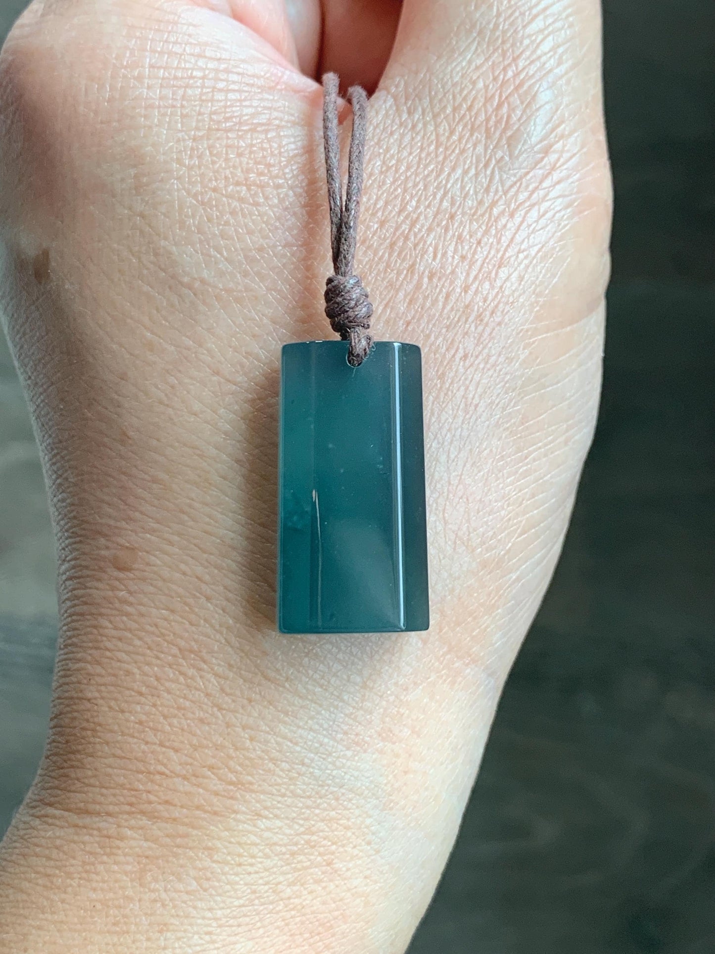 Natural Grade A Guatemalan Icy Highly Translucent Dark Teal Jade Jadeite Wu Shi Pai Pendant Rope Necklace 27" 8g 天然老种冰危深蓝绿翡翠梯形无事牌吊坠 GWP168