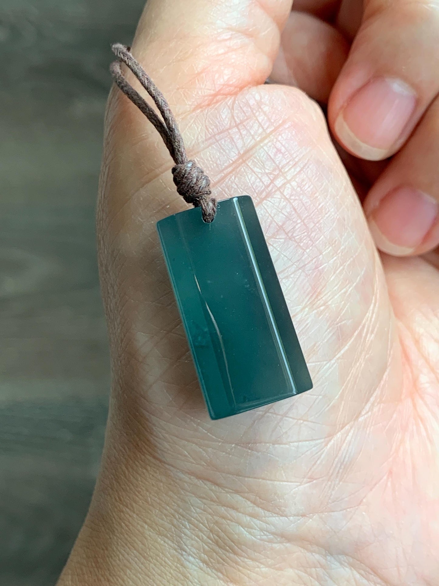 Natural Grade A Guatemalan Icy Highly Translucent Dark Teal Jade Jadeite Wu Shi Pai Pendant Rope Necklace 27" 8g 天然老种冰危深蓝绿翡翠梯形无事牌吊坠 GWP168