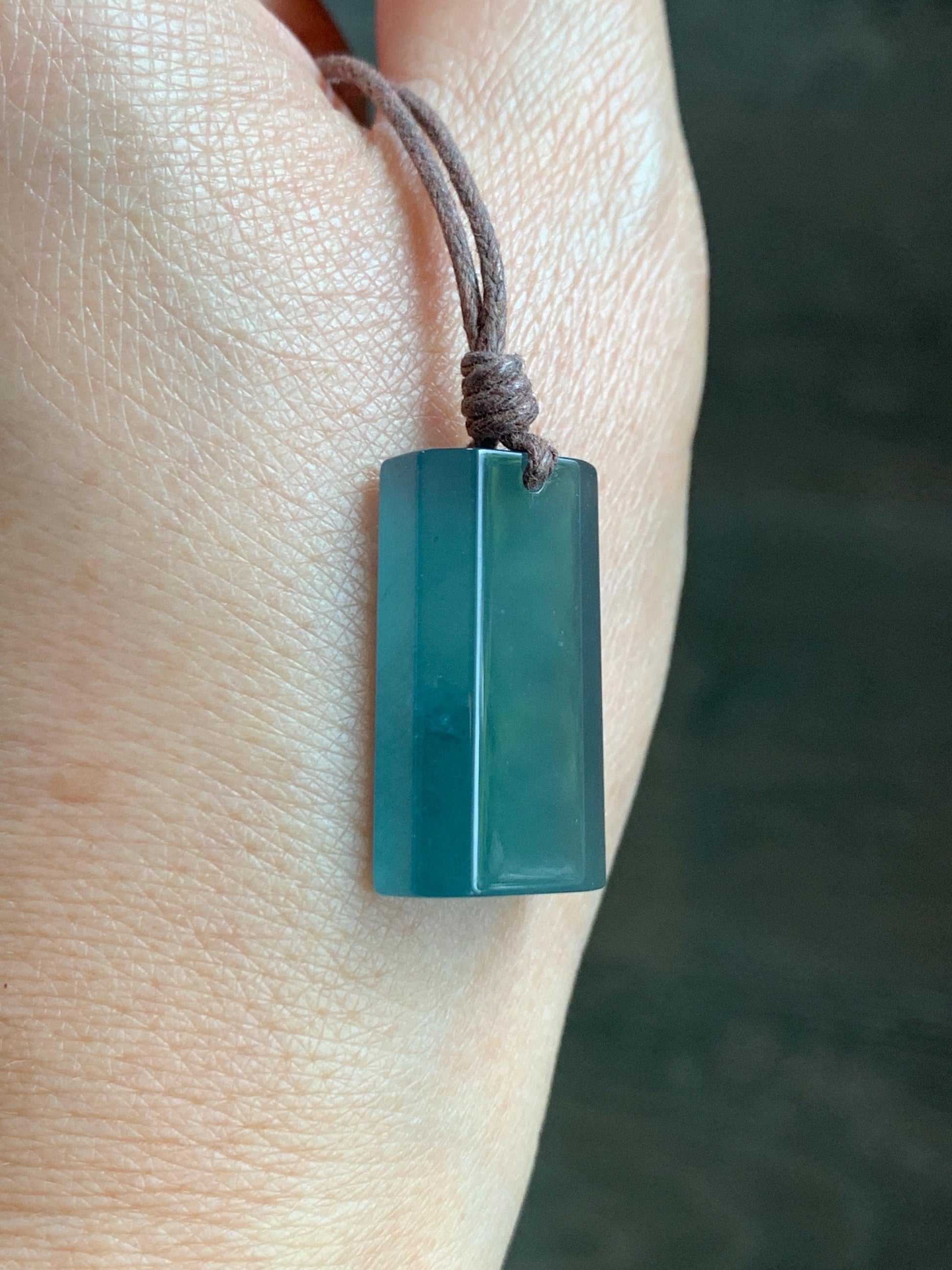 Natural Grade A Guatemalan Icy Highly Translucent Dark Teal Jade Jadeite Wu Shi Pai Pendant Rope Necklace 27" 8g 天然老种冰危深蓝绿翡翠梯形无事牌吊坠 GWP168