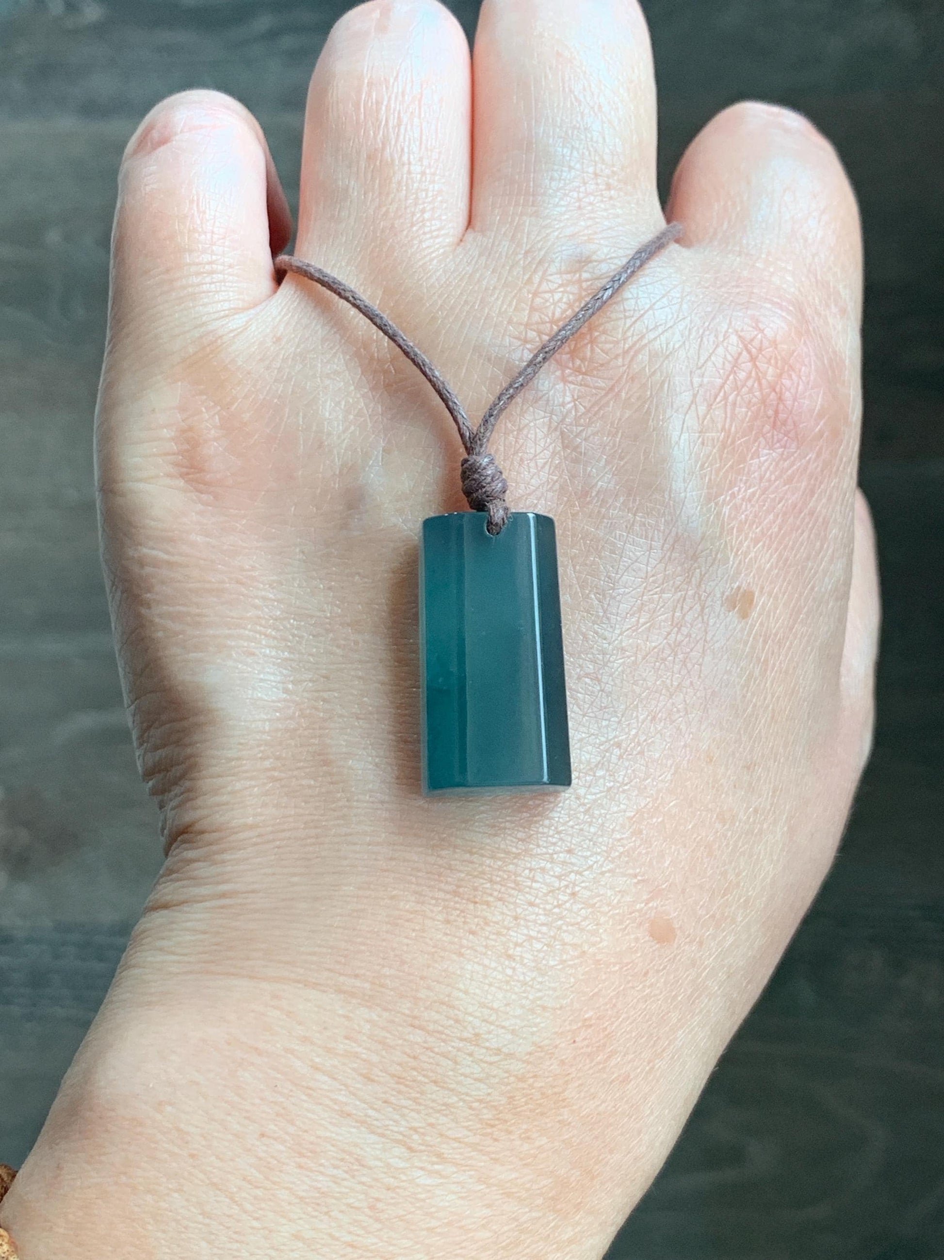 Natural Grade A Guatemalan Icy Highly Translucent Dark Teal Jade Jadeite Wu Shi Pai Pendant Rope Necklace 27" 8g 天然老种冰危深蓝绿翡翠梯形无事牌吊坠 GWP168