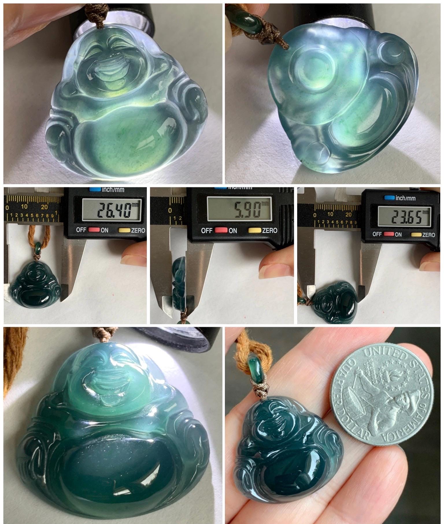 Natural Grade A Guatemalan Icy Translucent Dark Teal Blue Jade Jadeite Buddha Pendant Rope Necklace 26” 7g 天然冰危老种深蓝翡翠佛公吊坠 NZF-B
