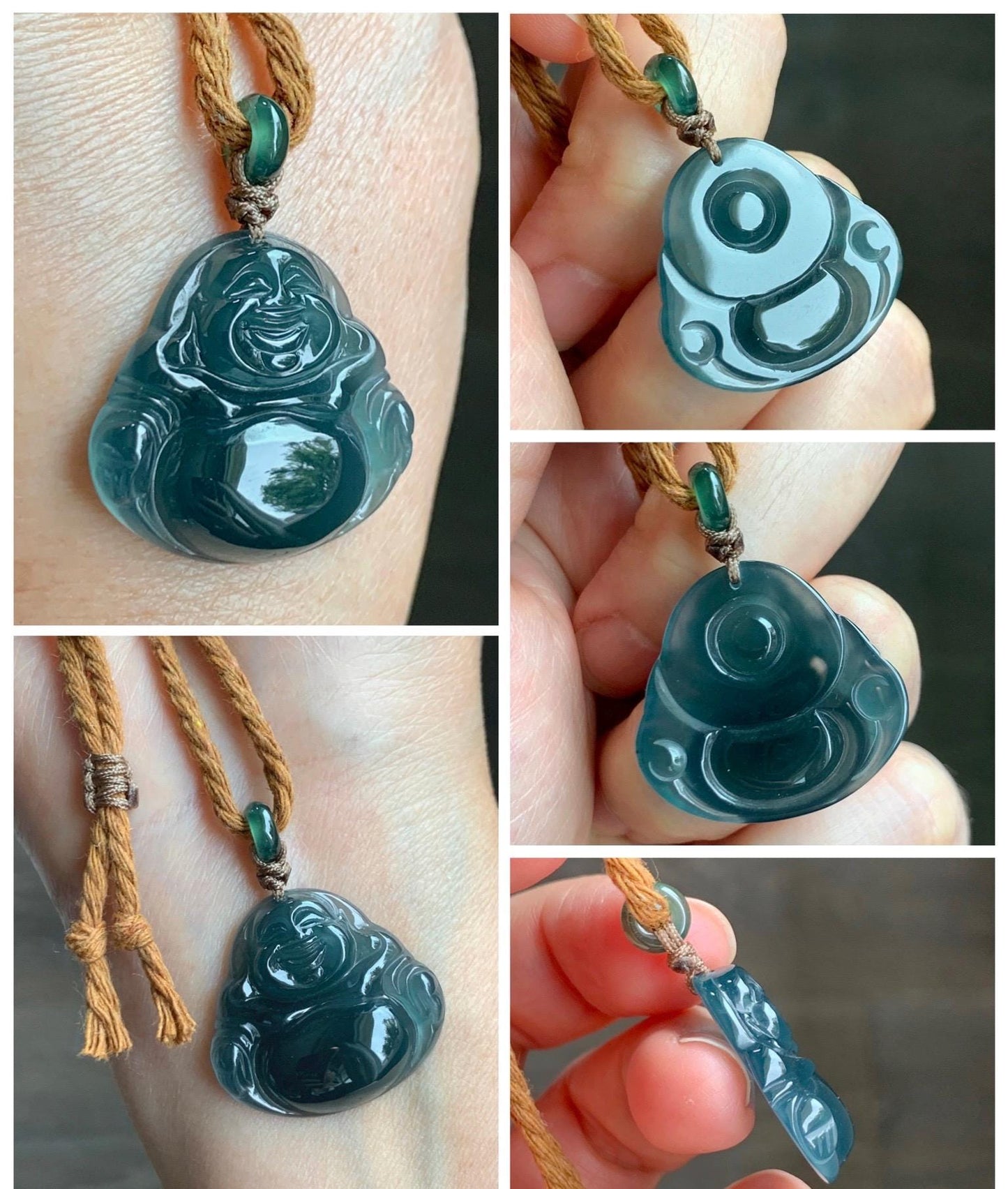 Natural Grade A Guatemalan Icy Translucent Dark Teal Blue Jade Jadeite Buddha Pendant Rope Necklace 26” 7g 天然冰危老种深蓝翡翠佛公吊坠 NZF-B