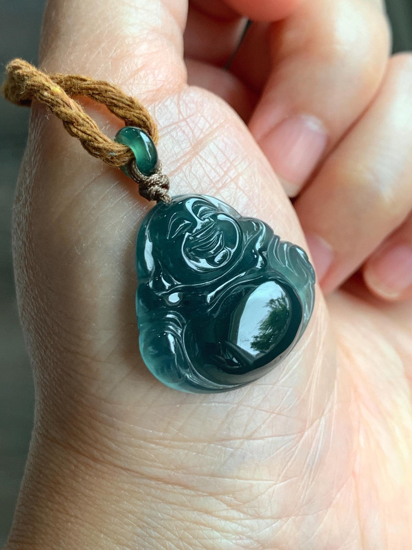 Natural Grade A Guatemalan Icy Translucent Dark Teal Blue Jade Jadeite Buddha Pendant Rope Necklace 26” 7g 天然冰危老种深蓝翡翠佛公吊坠 NZF-B