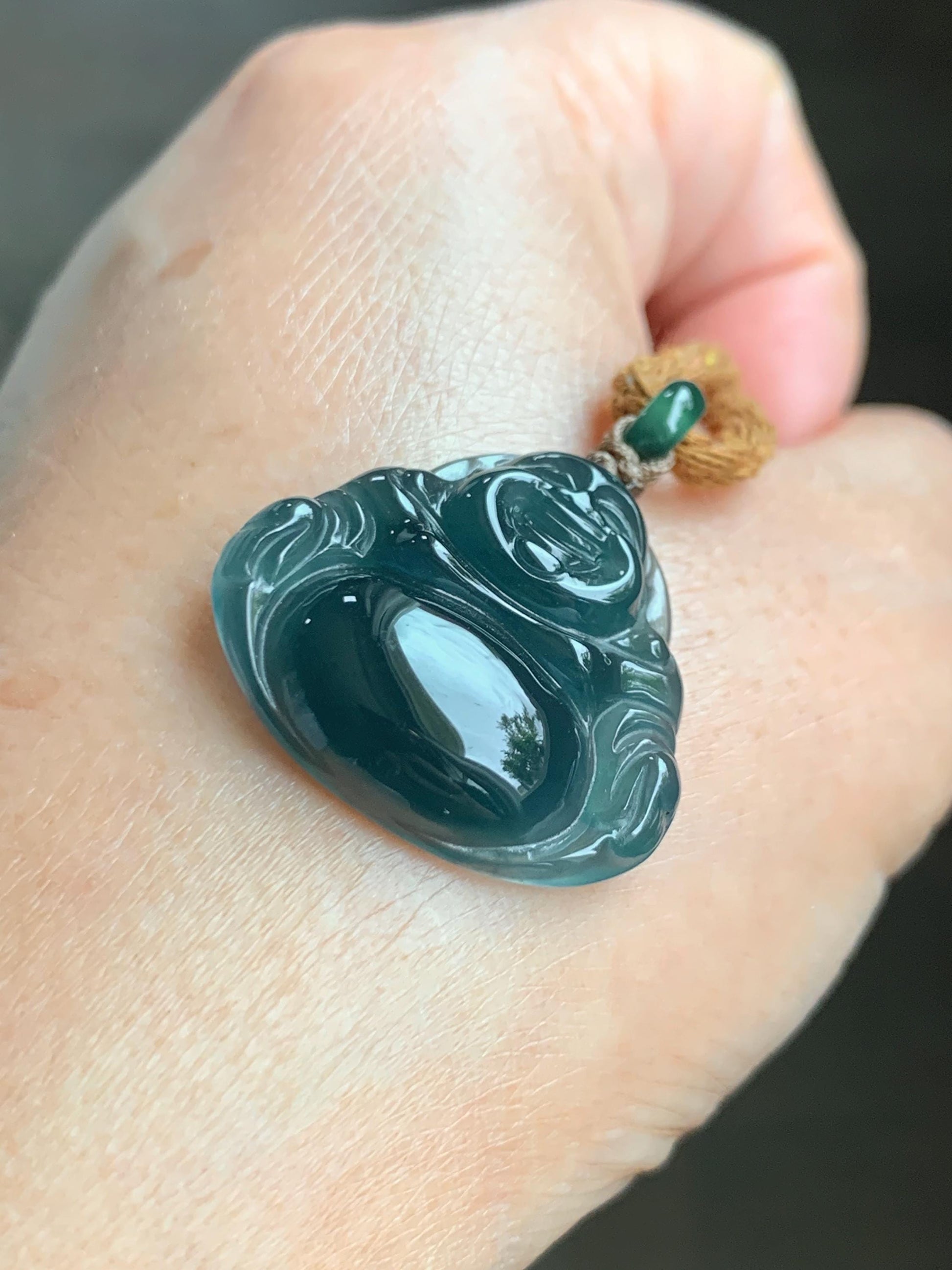 Natural Grade A Guatemalan Icy Translucent Dark Teal Blue Jade Jadeite Buddha Pendant Rope Necklace 26” 7g 天然冰危老种深蓝翡翠佛公吊坠 NZF-B