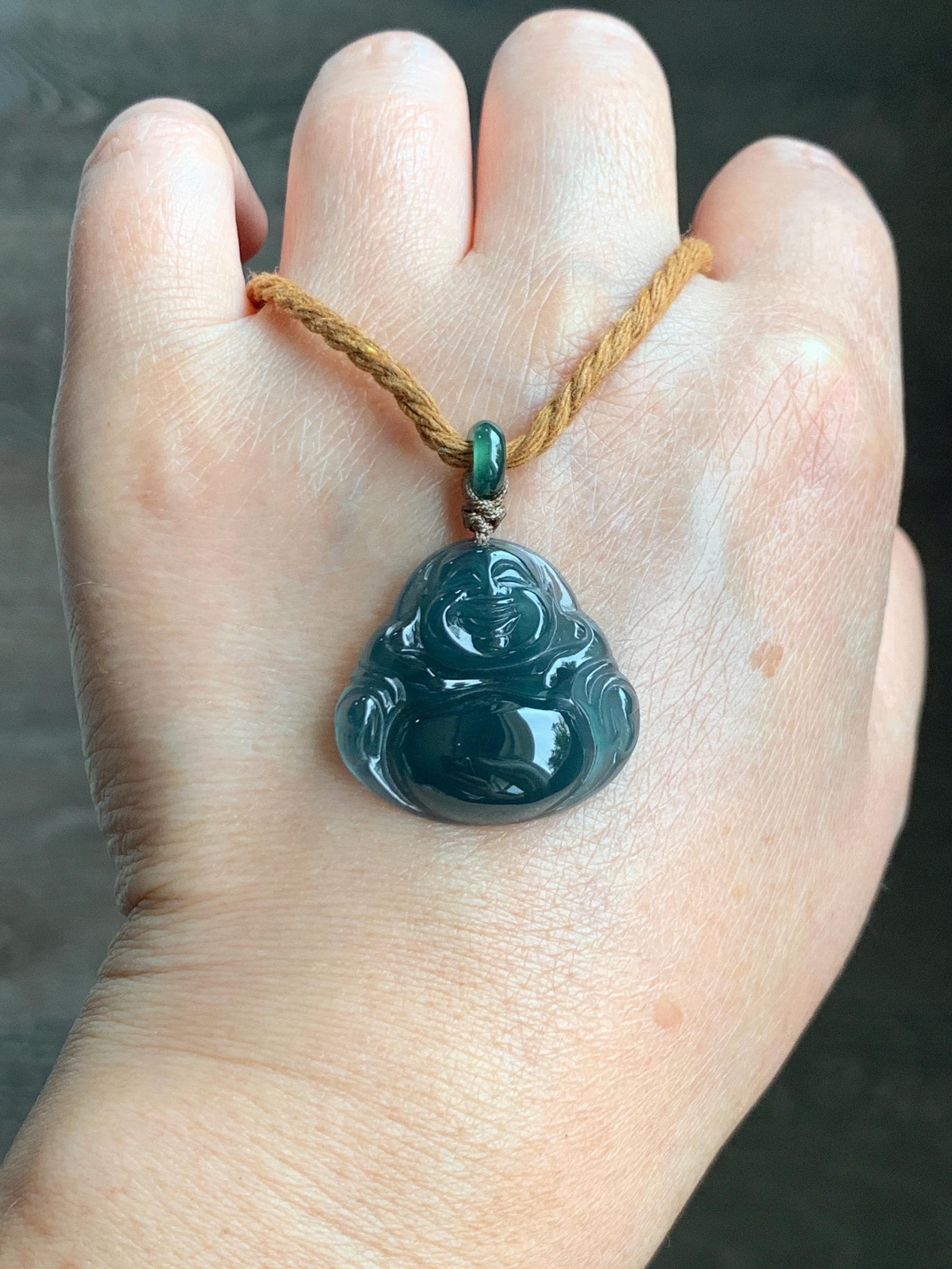 Natural Grade A Guatemalan Icy Translucent Dark Teal Blue Jade Jadeite Buddha Pendant Rope Necklace 26” 7g 天然冰危老种深蓝翡翠佛公吊坠 NZF-B