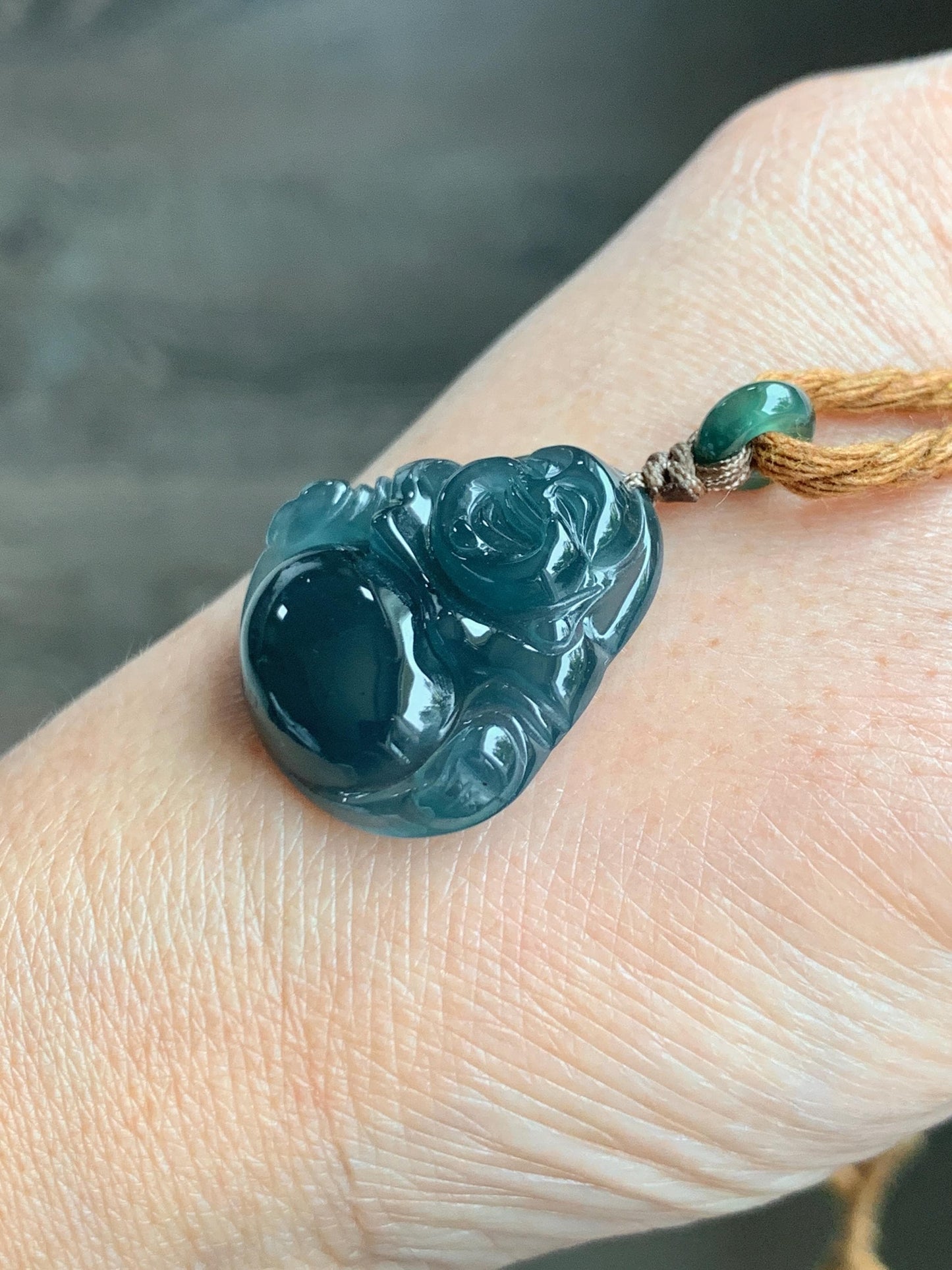 Natural Grade A Guatemalan Icy Translucent Dark Teal Blue Jade Jadeite Buddha Pendant Rope Necklace 26” 7g 天然冰危老种深蓝翡翠佛公吊坠 NZF-B