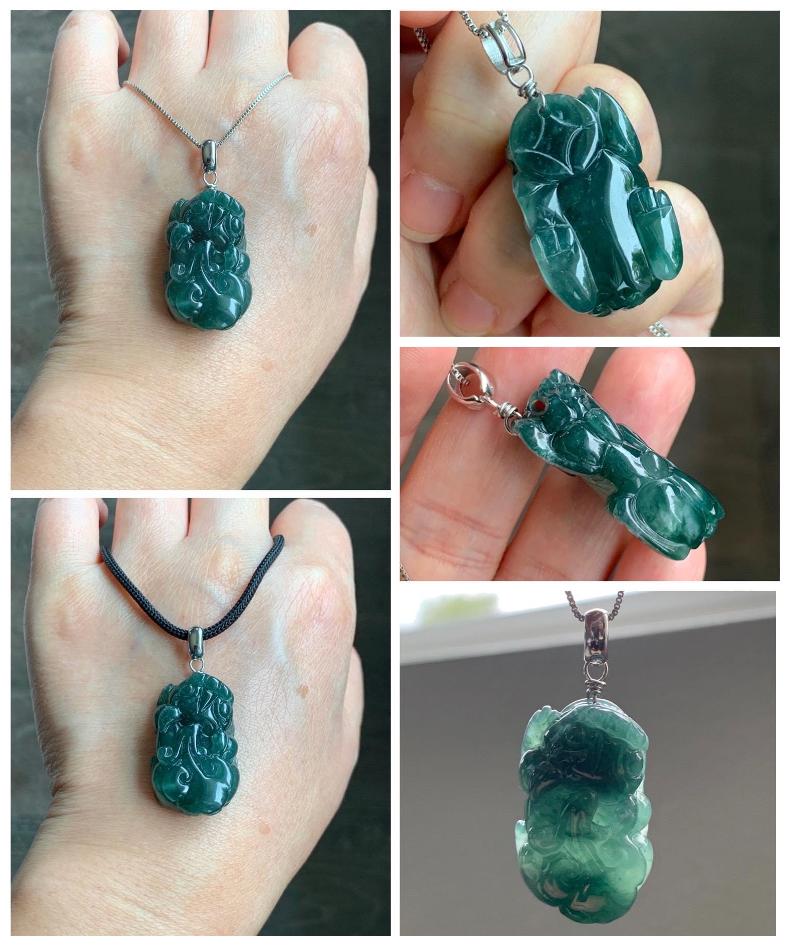 Natural Grade A Guatemalan Icy Translucent Dark Teal Jade Jadeite Pixiu Pendant Sterling Silver 14g 天然冰危深蓝绿翡翠貔貅吊坠 YBW110C