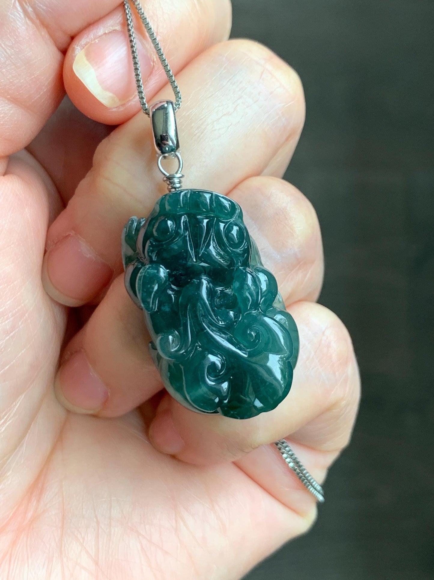 Natural Grade A Guatemalan Icy Translucent Dark Teal Jade Jadeite Pixiu Pendant Sterling Silver 14g 天然冰危深蓝绿翡翠貔貅吊坠 YBW110C