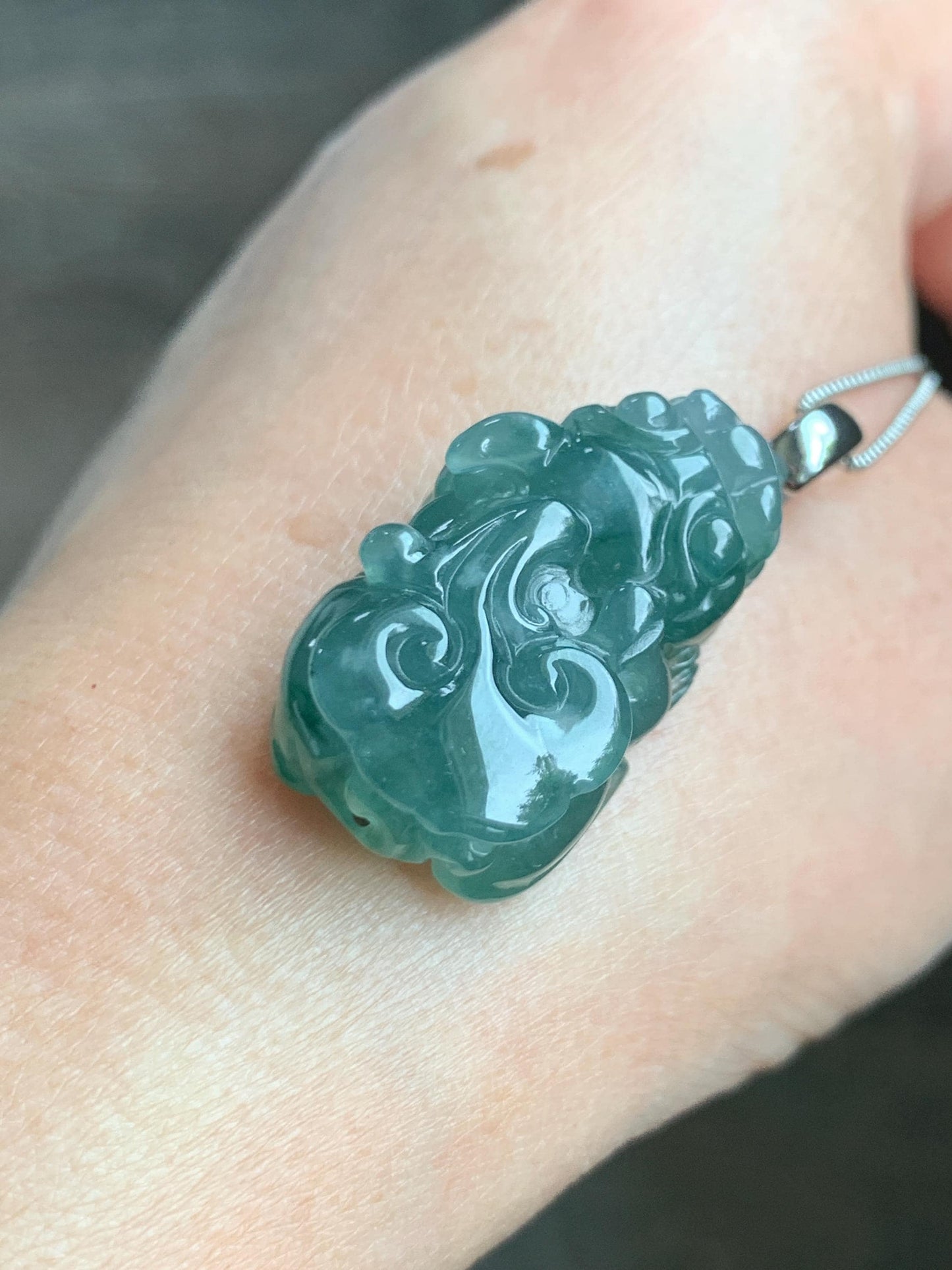 Natural Grade A Guatemalan Icy Translucent Dark Teal Jade Jadeite Pixiu Pendant Sterling Silver 12g 天然冰危深蓝绿翡翠貔貅吊坠 YBW110A