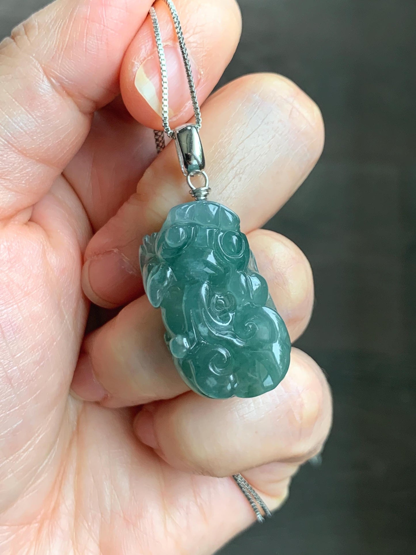 Natural Grade A Guatemalan Icy Translucent Dark Teal Jade Jadeite Pixiu Pendant Sterling Silver 12g 天然冰危深蓝绿翡翠貔貅吊坠 YBW110A