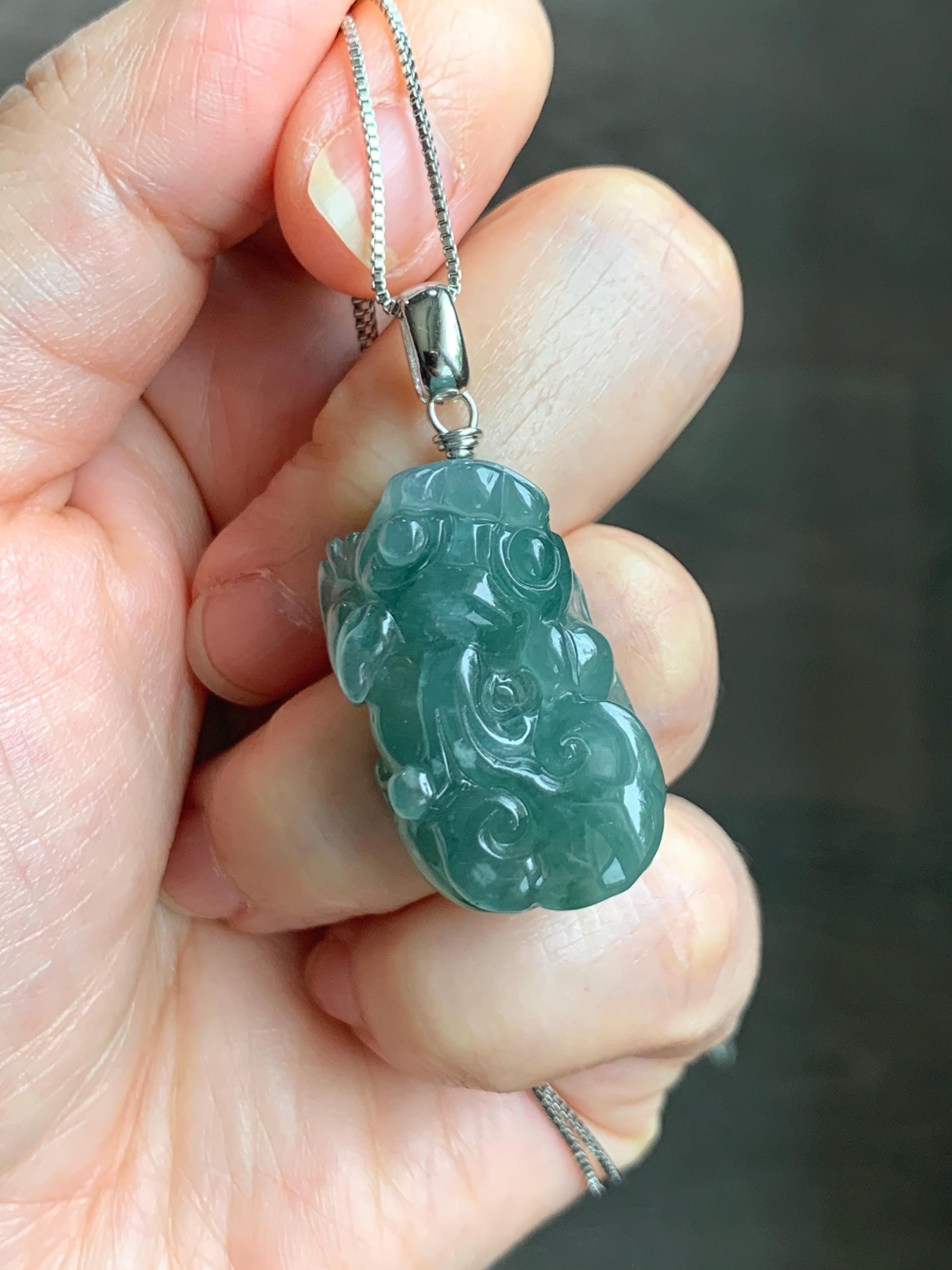 Natural Grade A Guatemalan Icy Translucent Dark Teal Jade Jadeite Pixiu Pendant Sterling Silver 12g 天然冰危深蓝绿翡翠貔貅吊坠 YBW110A