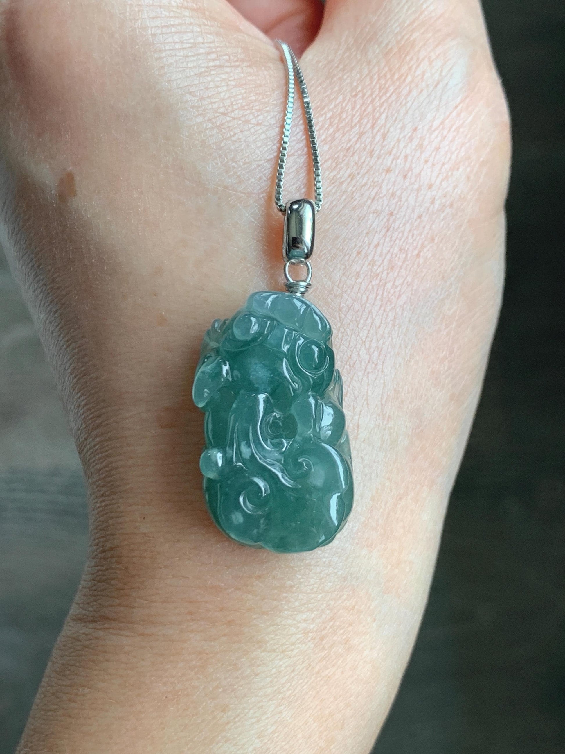 Natural Grade A Guatemalan Icy Translucent Dark Teal Jade Jadeite Pixiu Pendant Sterling Silver 12g 天然冰危深蓝绿翡翠貔貅吊坠 YBW110A