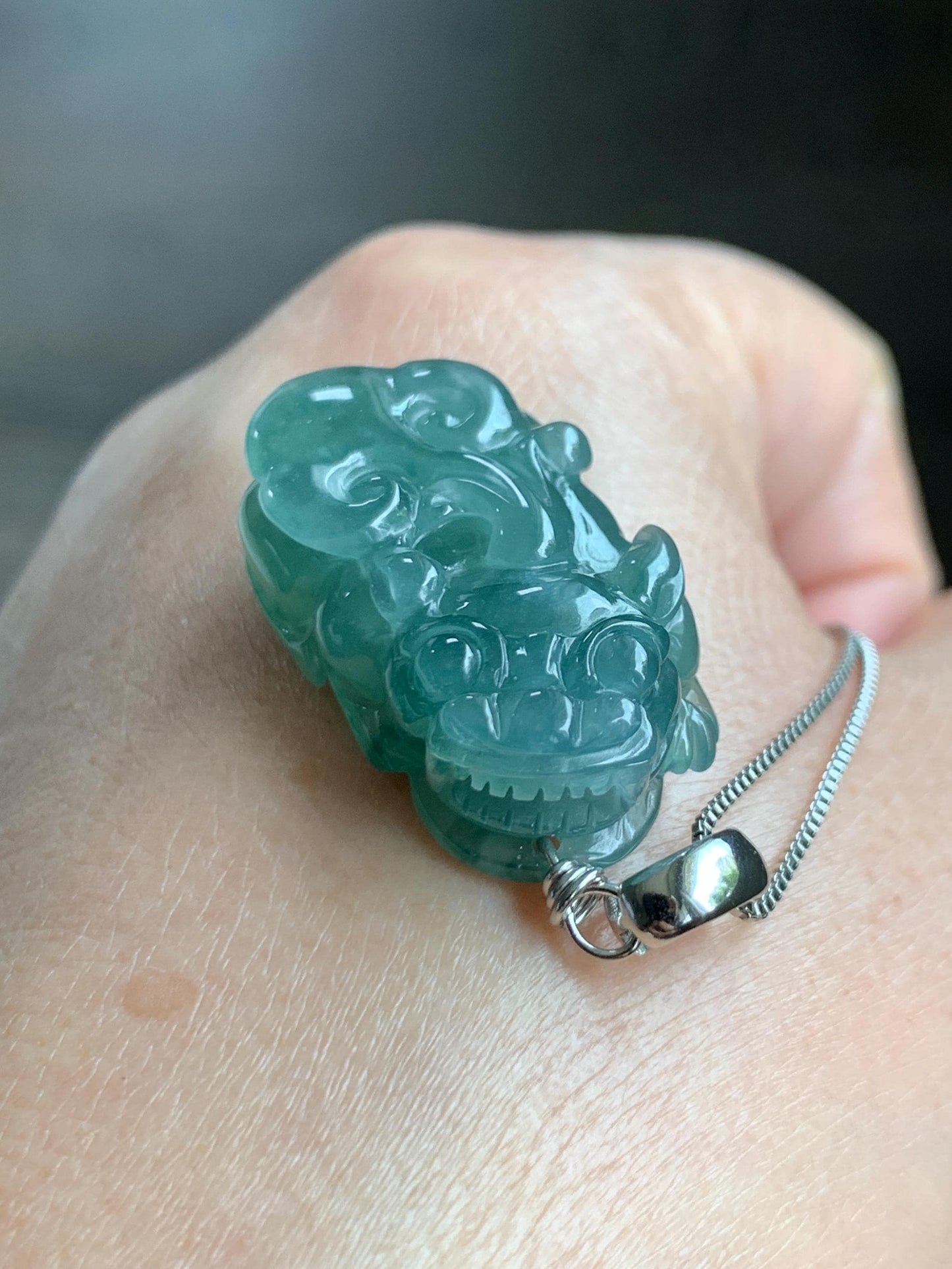 Natural Grade A Guatemalan Icy Translucent Dark Teal Jade Jadeite Pixiu Pendant Sterling Silver 12g 天然冰危深蓝绿翡翠貔貅吊坠 YBW110A