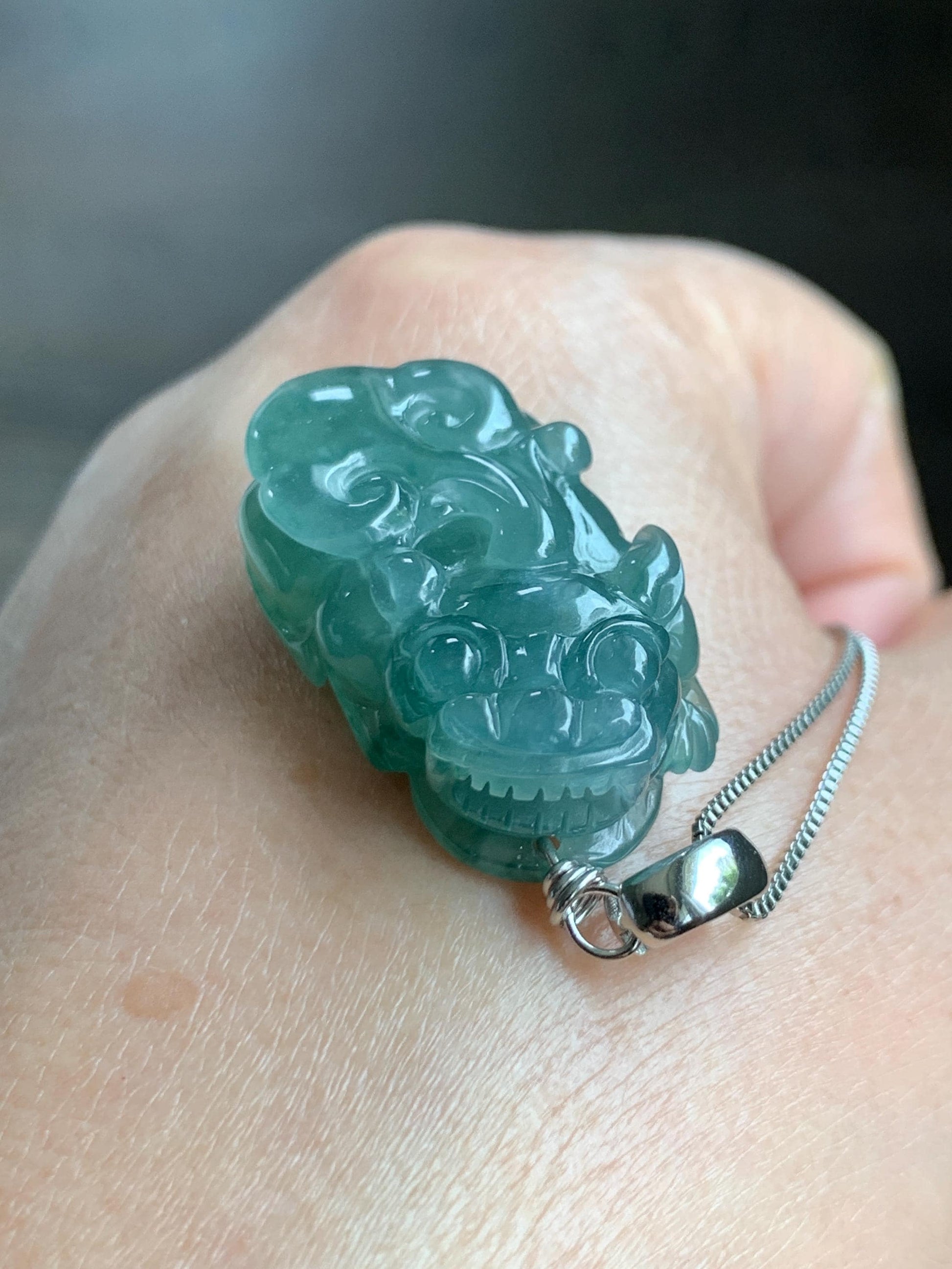 Natural Grade A Guatemalan Icy Translucent Dark Teal Jade Jadeite Pixiu Pendant Sterling Silver 12g 天然冰危深蓝绿翡翠貔貅吊坠 YBW110A