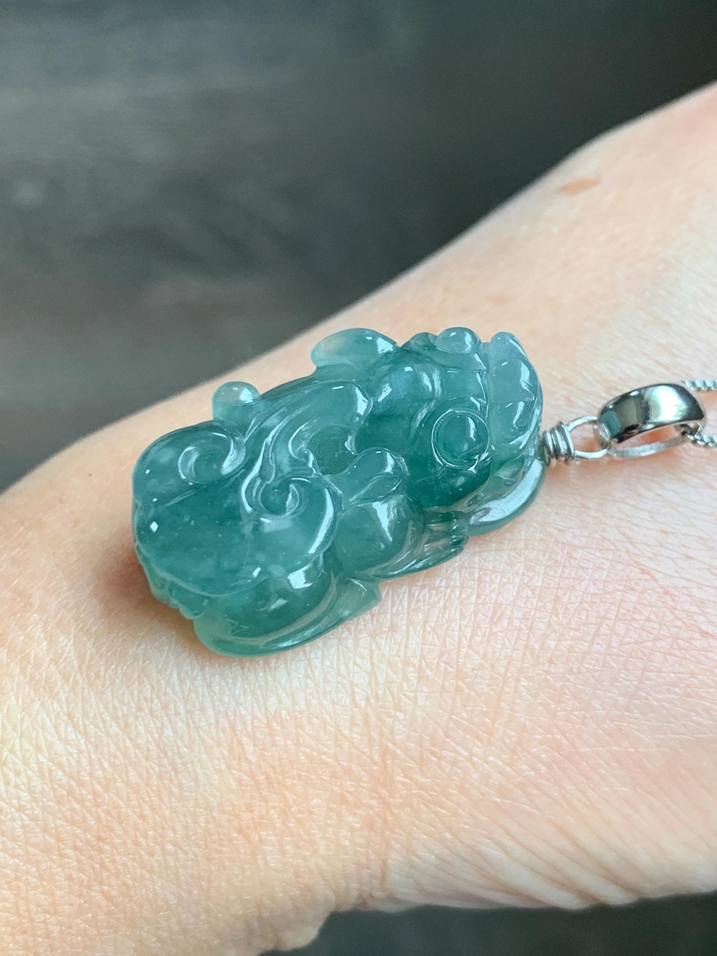 Natural Grade A Guatemalan Icy Translucent Dark Teal Jade Jadeite Pixiu Pendant Sterling Silver 12g 天然冰危深蓝绿翡翠貔貅吊坠 YBW110A