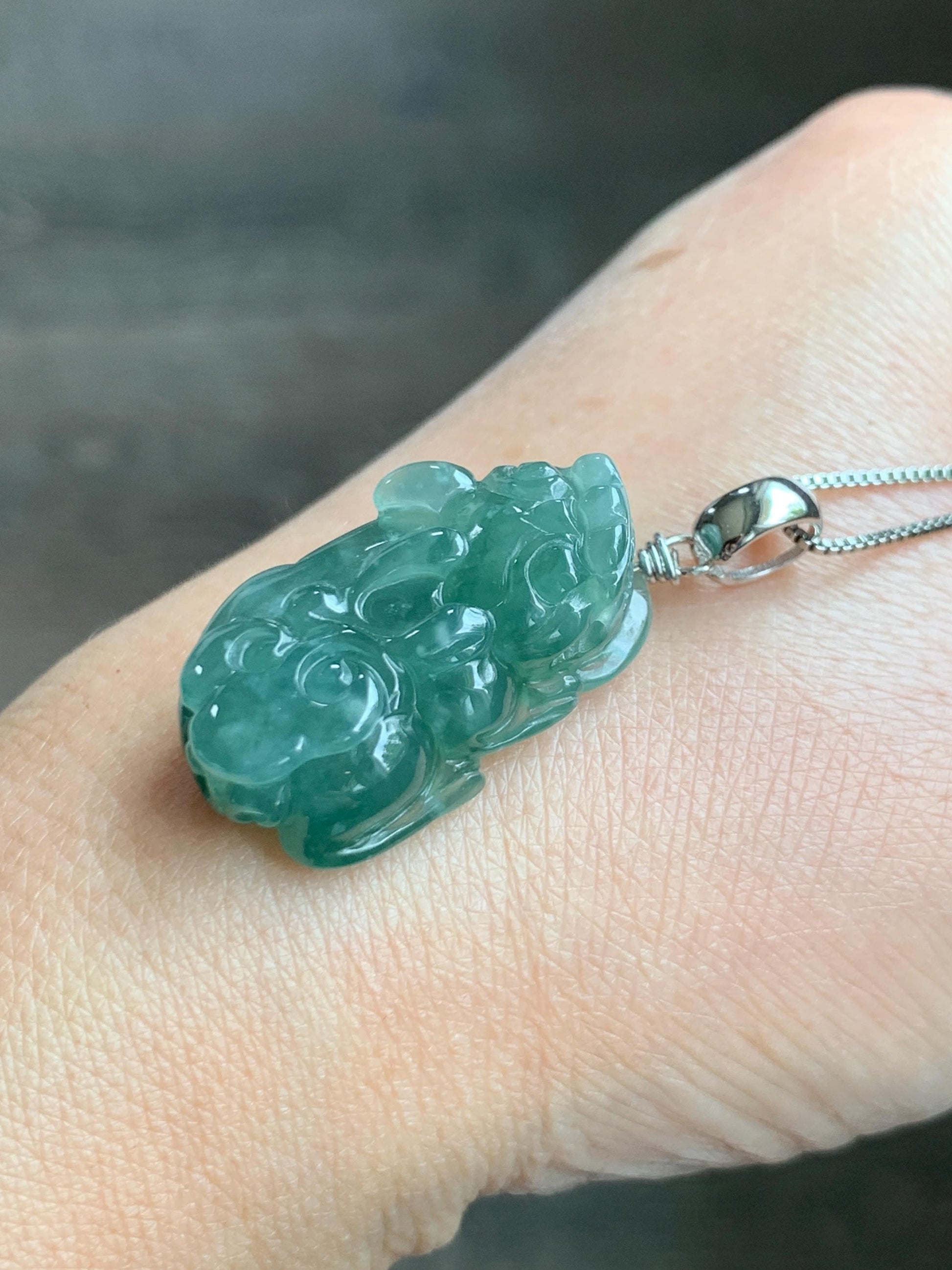 Natural Grade A Guatemalan Icy Translucent Dark Teal Jade Jadeite Pixiu Pendant Sterling Silver 12g 天然冰危深蓝绿翡翠貔貅吊坠 YBW110B