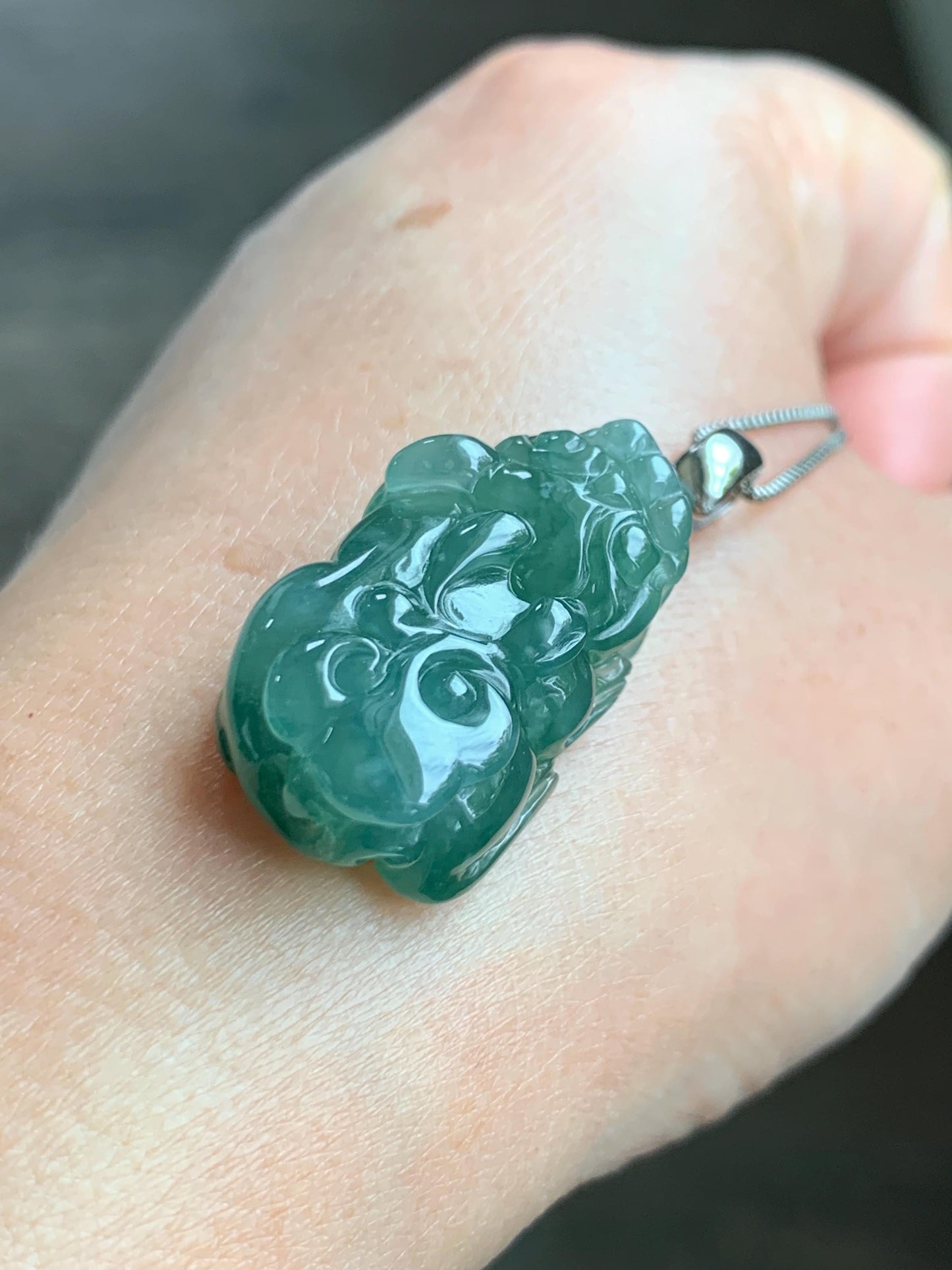 Natural Grade A Guatemalan Icy Translucent Dark Teal Jade Jadeite Pixiu Pendant Sterling Silver 12g 天然冰危深蓝绿翡翠貔貅吊坠 YBW110B
