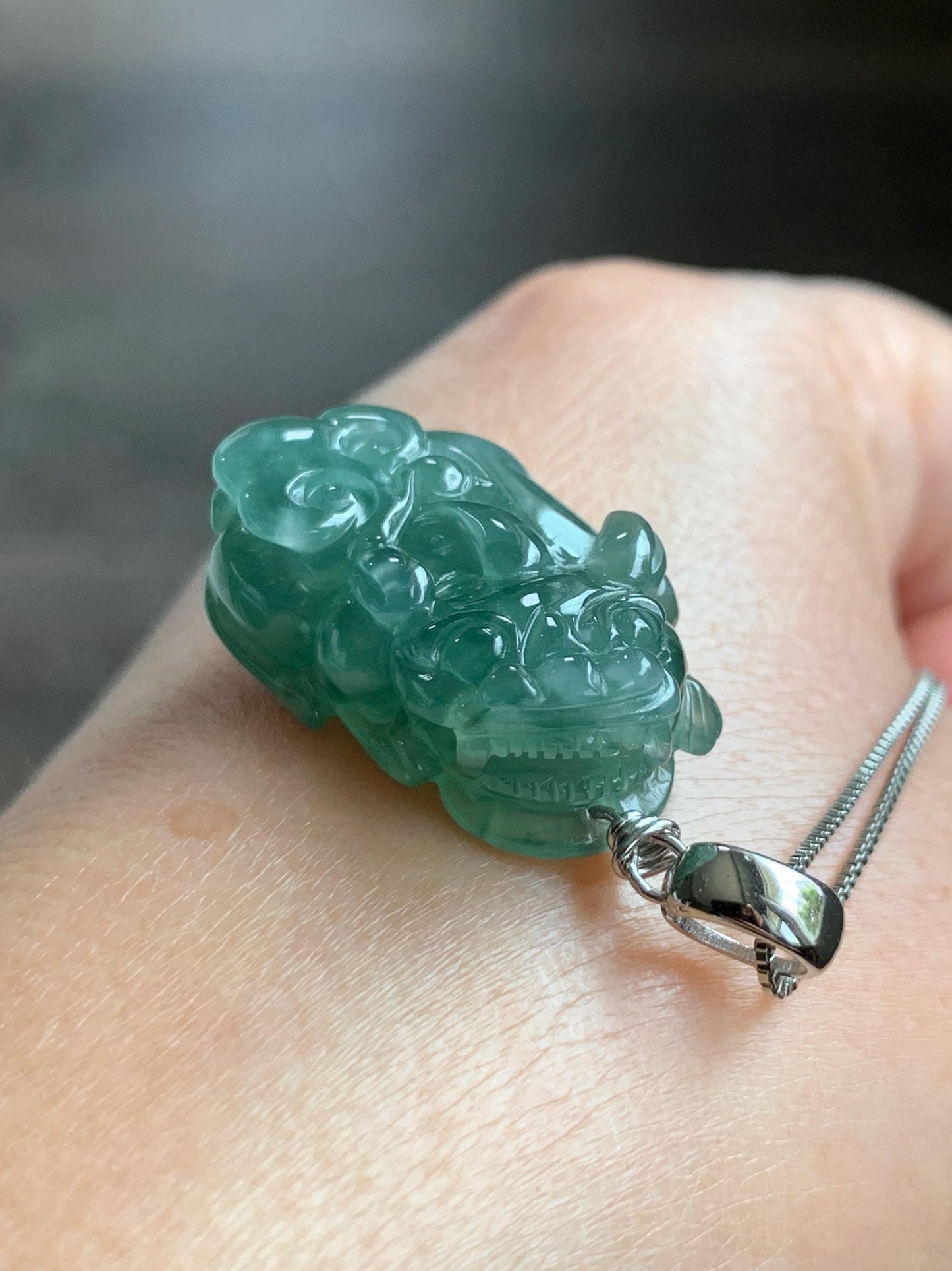 Natural Grade A Guatemalan Icy Translucent Dark Teal Jade Jadeite Pixiu Pendant Sterling Silver 12g 天然冰危深蓝绿翡翠貔貅吊坠 YBW110B