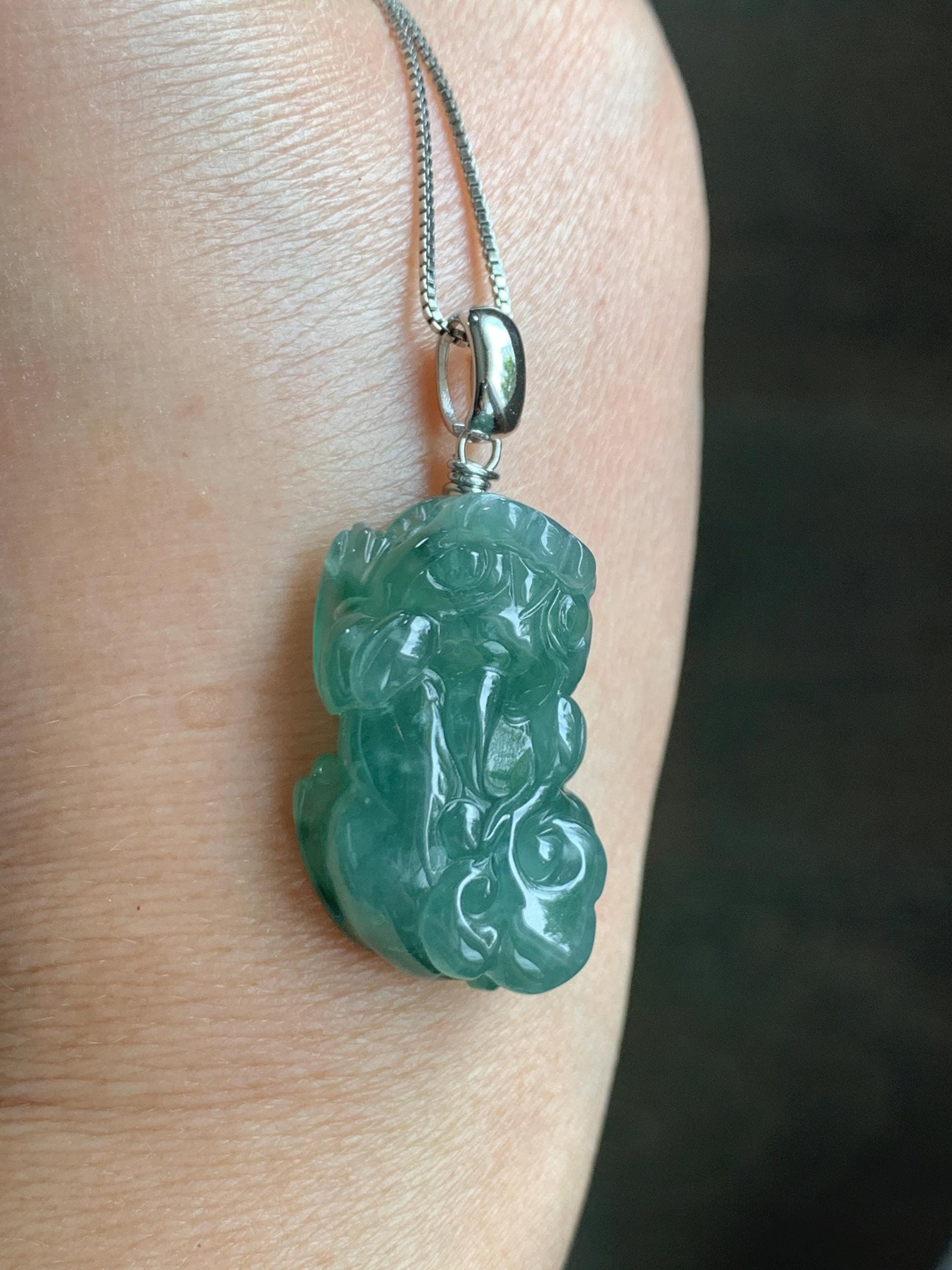 Natural Grade A Guatemalan Icy Translucent Dark Teal Jade Jadeite Pixiu Pendant Sterling Silver 12g 天然冰危深蓝绿翡翠貔貅吊坠 YBW110B
