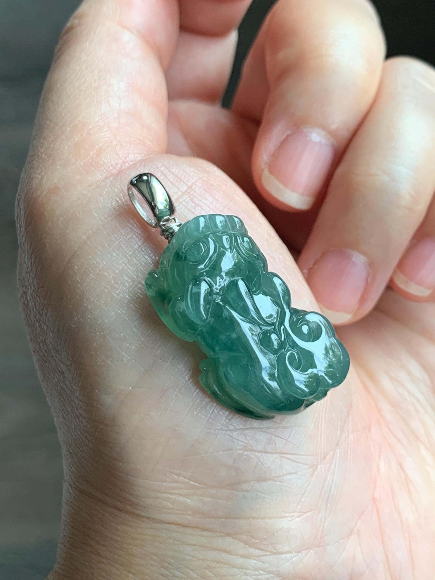Natural Grade A Guatemalan Icy Translucent Dark Teal Jade Jadeite Pixiu Pendant Sterling Silver 12g 天然冰危深蓝绿翡翠貔貅吊坠 YBW110B