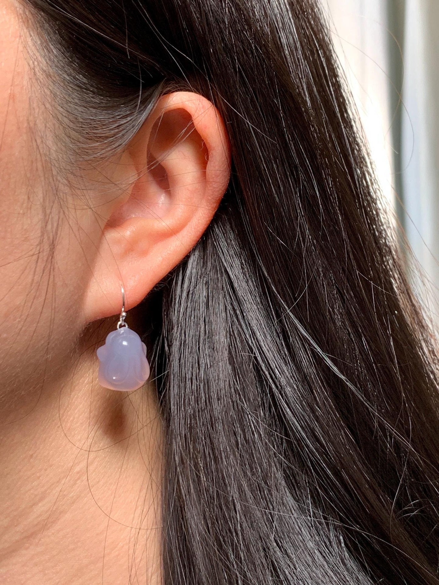 Certified Natural Premium Icy Highly Translucent Pastel Lavender Agate Carved 3D Rabbit Dangle Earrings Sterling Silver 8g 天然高冰品质淡紫玛瑙小兔耳钩