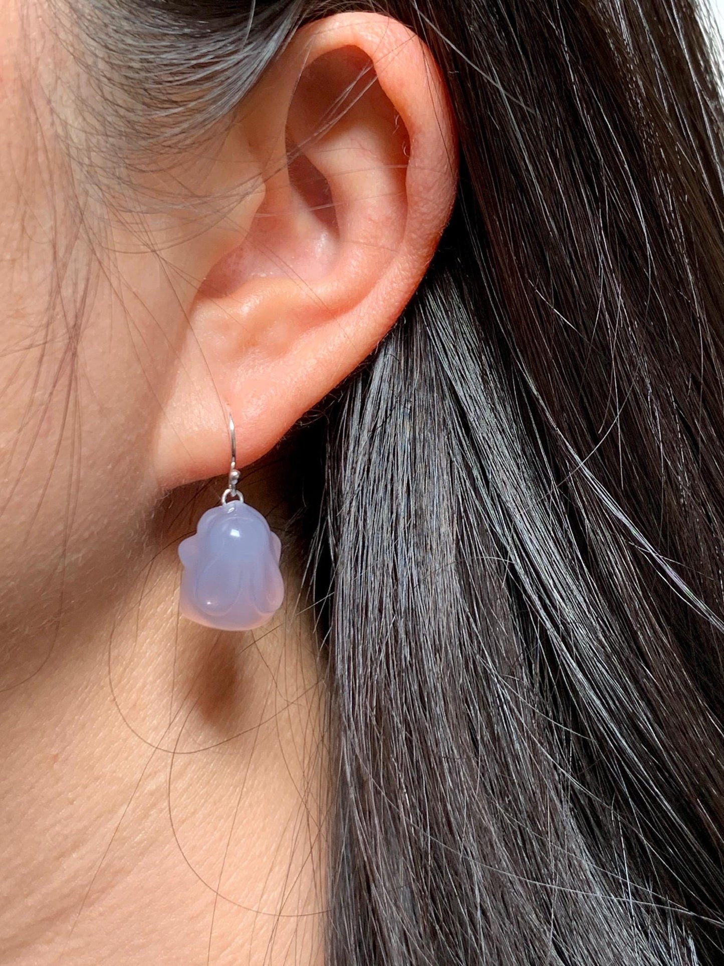 Certified Natural Premium Icy Highly Translucent Pastel Lavender Agate Carved 3D Rabbit Dangle Earrings Sterling Silver 8g 天然高冰品质淡紫玛瑙小兔耳钩