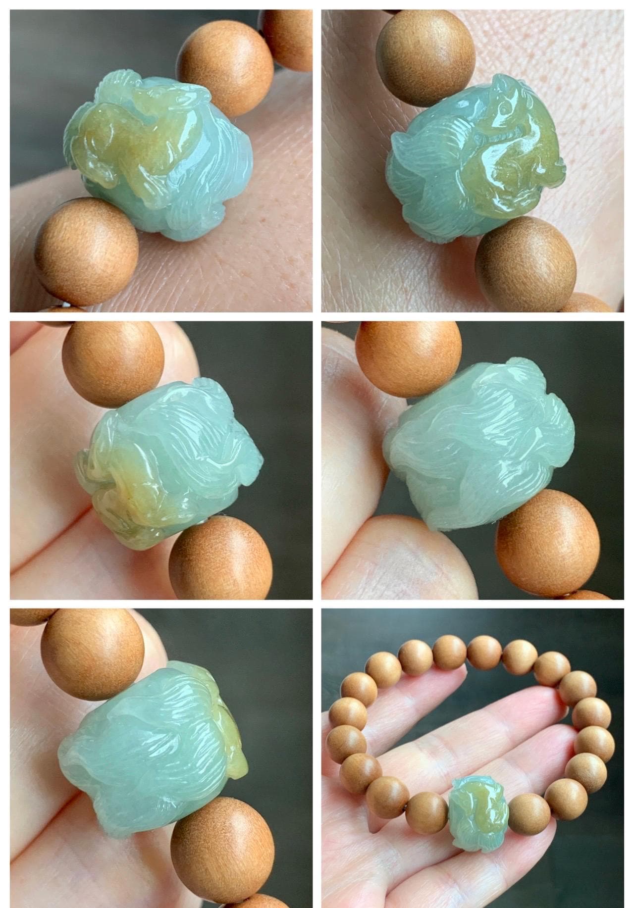 Natural Grade A Icy Translucent Light Green Yellow Marbled Jadeite Nine-tailed Fox Barrel Bead Beaded Bracelet 7” 天然冰晴底飘黄翡翠九尾狐珠木珠手串 MSH280