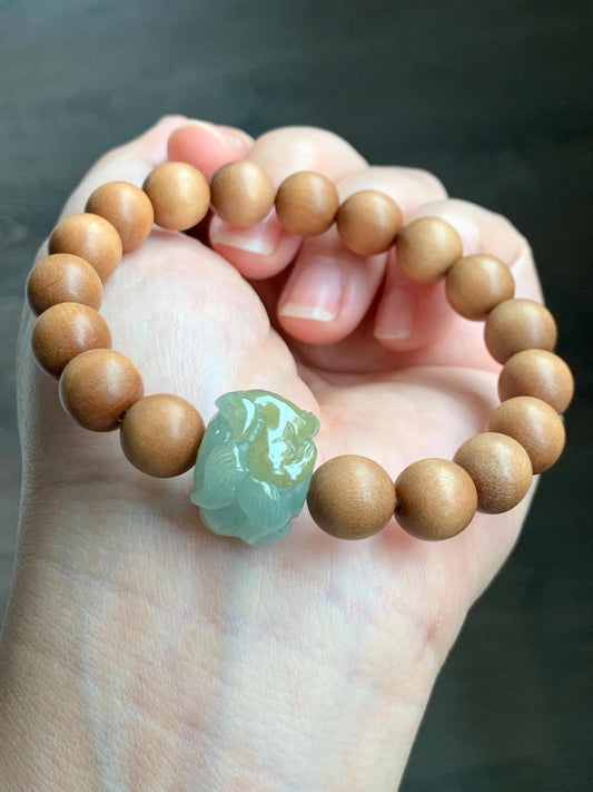 Natural Grade A Icy Translucent Light Green Yellow Marbled Jadeite Nine-tailed Fox Barrel Bead Beaded Bracelet 7” 天然冰晴底飘黄翡翠九尾狐珠木珠手串 MSH280