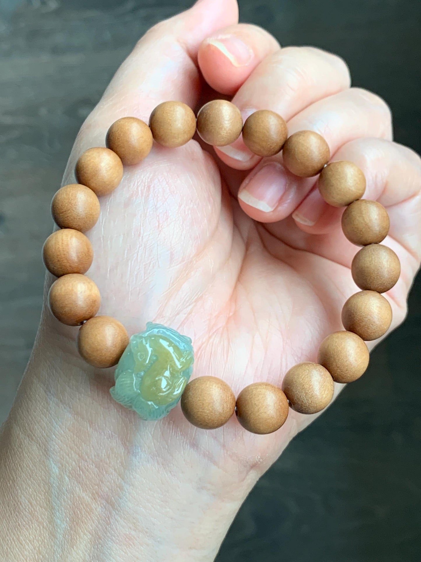 Natural Grade A Icy Translucent Light Green Yellow Marbled Jadeite Nine-tailed Fox Barrel Bead Beaded Bracelet 7” 天然冰晴底飘黄翡翠九尾狐珠木珠手串 MSH280