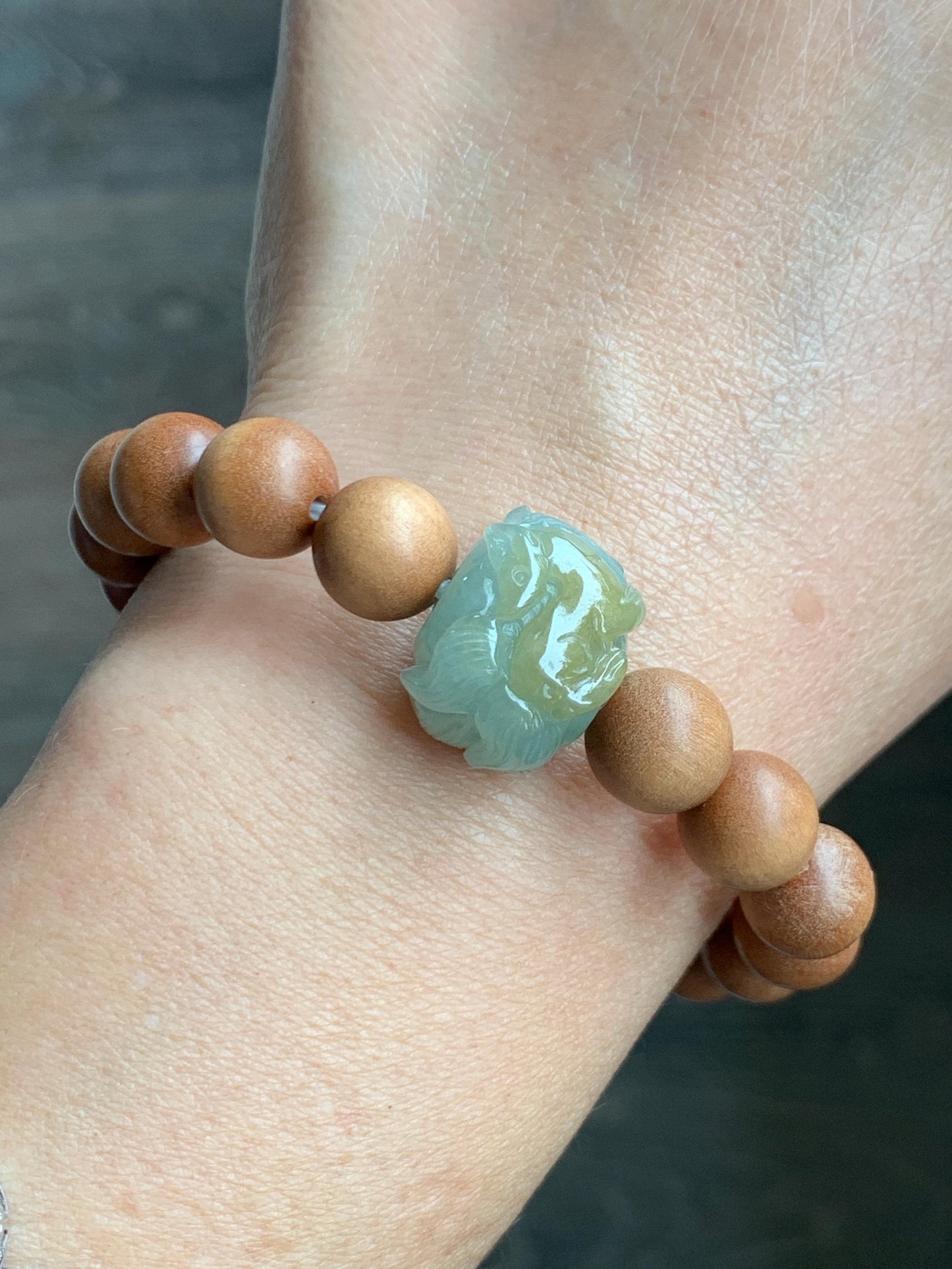 Natural Grade A Icy Translucent Light Green Yellow Marbled Jadeite Nine-tailed Fox Barrel Bead Beaded Bracelet 7” 天然冰晴底飘黄翡翠九尾狐珠木珠手串 MSH280