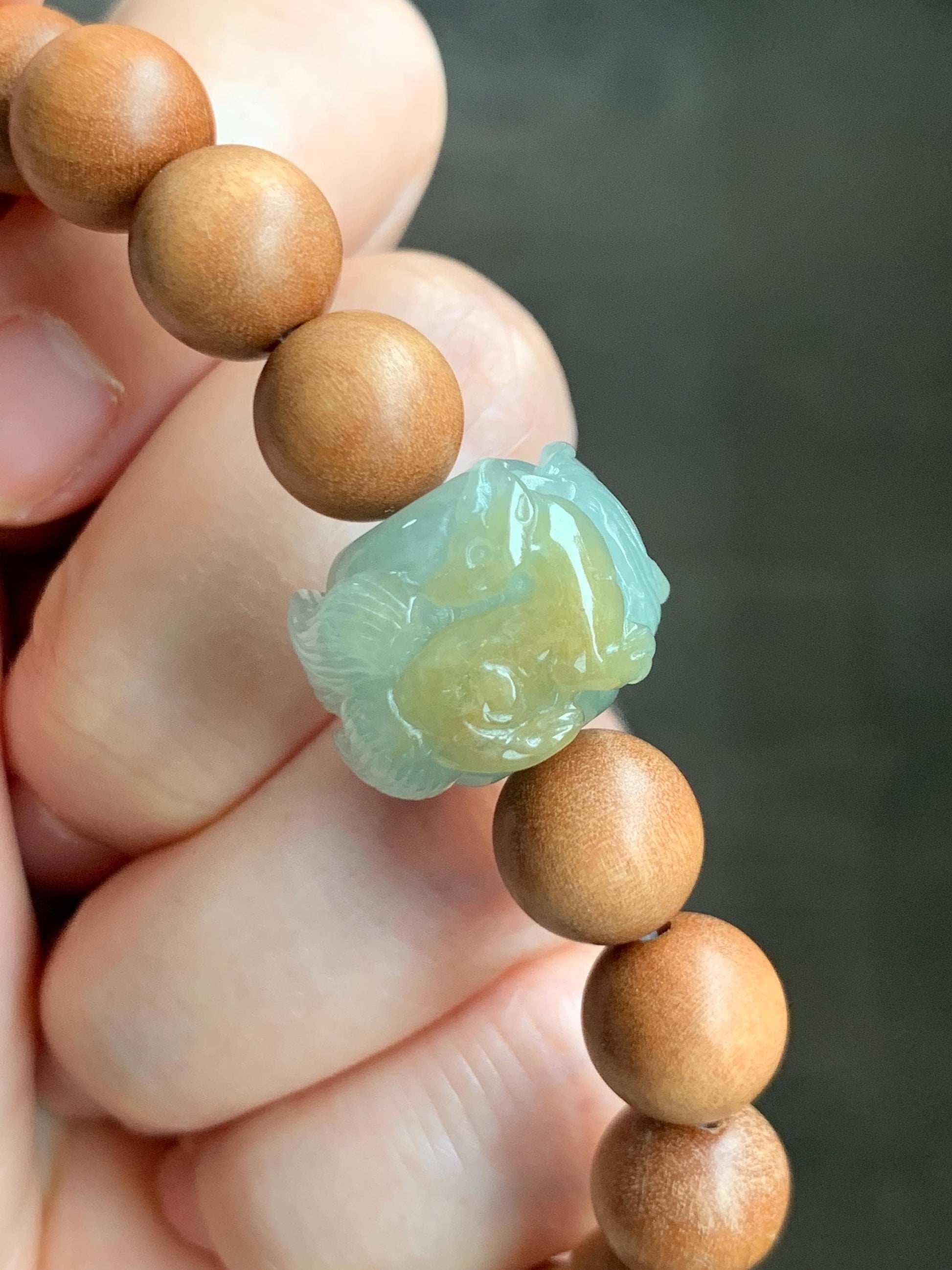 Natural Grade A Icy Translucent Light Green Yellow Marbled Jadeite Nine-tailed Fox Barrel Bead Beaded Bracelet 7” 天然冰晴底飘黄翡翠九尾狐珠木珠手串 MSH280