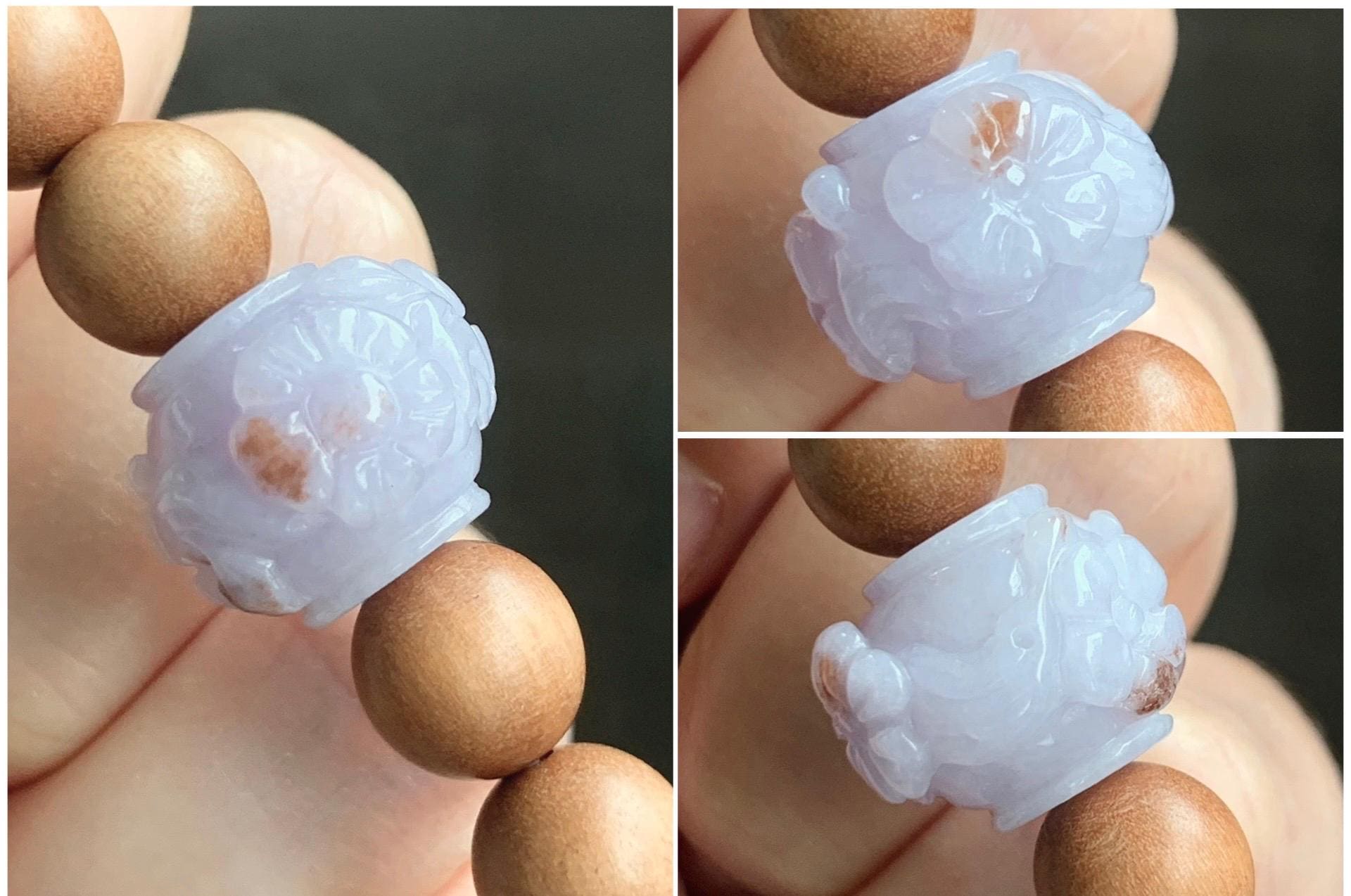 Natural Grade A Icy Translucent Pastel Purple Brown Marbled Jadeite Cherry Blossom Drum Bead Beaded Bracelet 7.25” 天然冰紫飘红翡翠梅花珠木珠手串 MZH195A