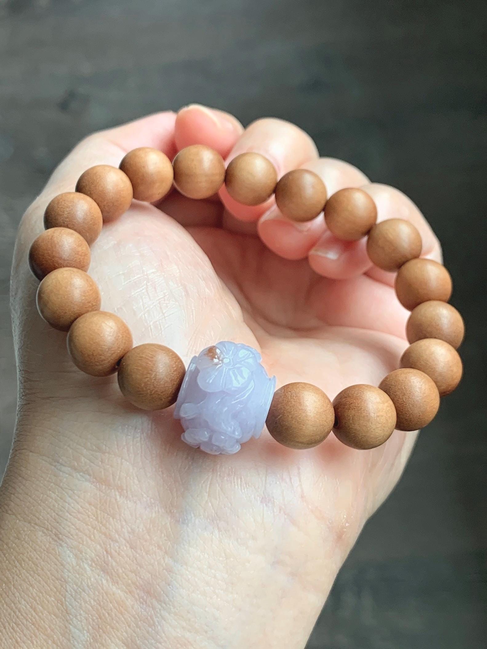 Natural Grade A Icy Translucent Pastel Purple Brown Marbled Jadeite Cherry Blossom Drum Bead Beaded Bracelet 7.25” 天然冰紫飘红翡翠梅花珠木珠手串 MZH195A