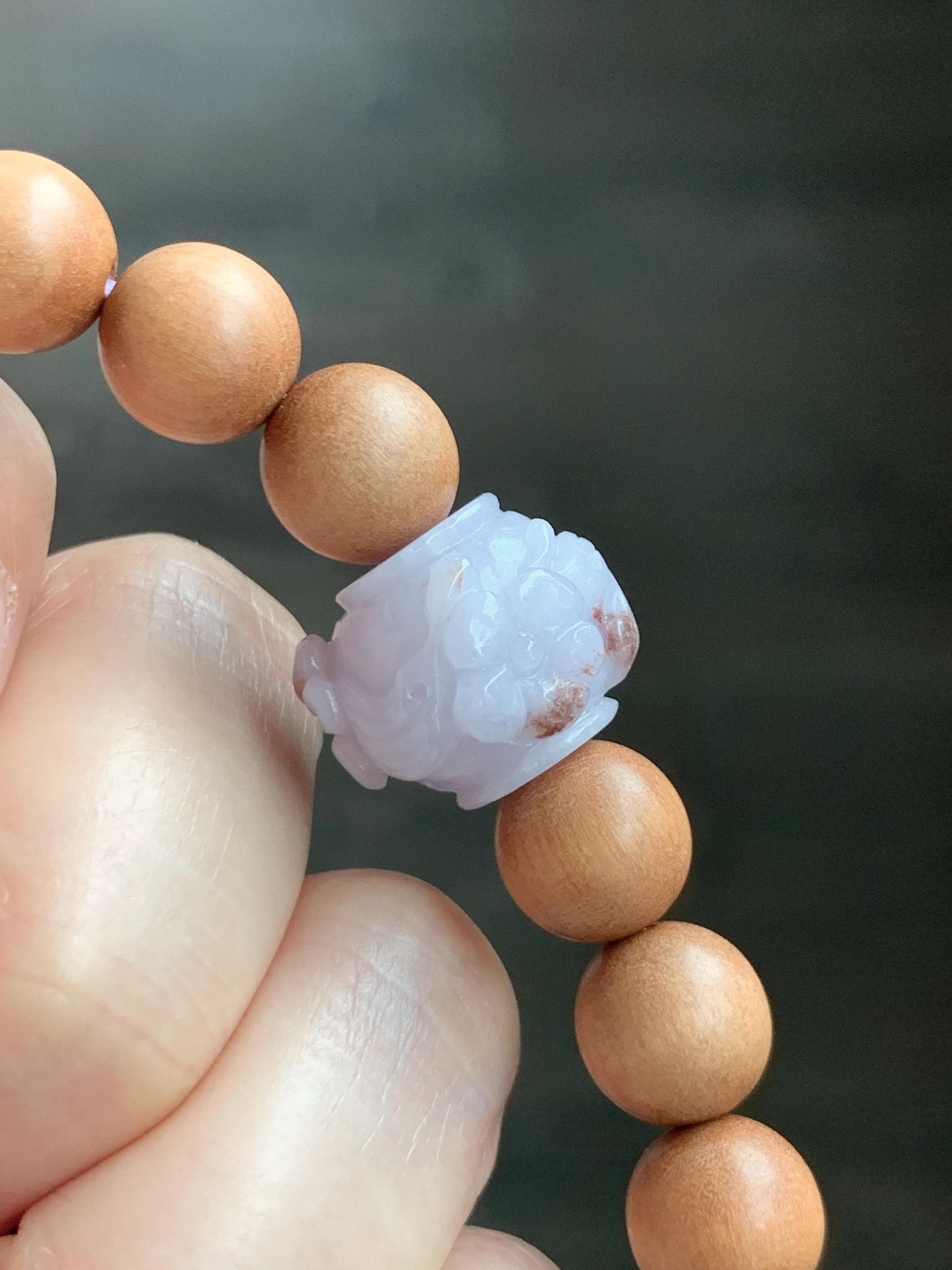 Natural Grade A Icy Translucent Pastel Purple Brown Marbled Jadeite Cherry Blossom Drum Bead Beaded Bracelet 7.25” 天然冰紫飘红翡翠梅花珠木珠手串 MZH195A