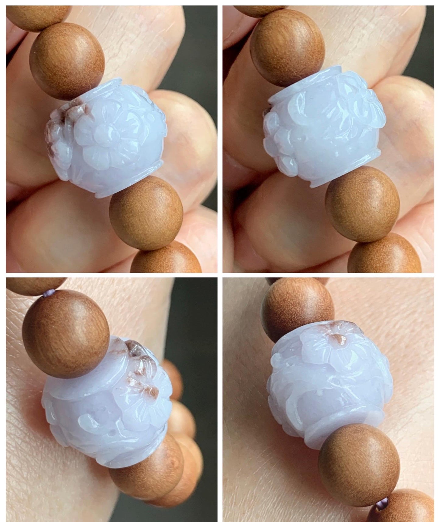 Natural Grade A Icy Translucent Pastel Purple Brown Marbled Jadeite Cherry Blossom Drum Bead Beaded Bracelet 6.5” 天然冰紫飘红翡翠梅花珠木珠手串 MZH195B