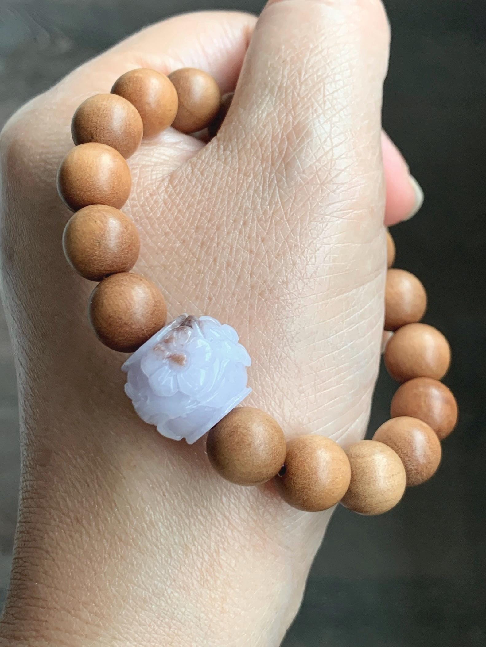 Natural Grade A Icy Translucent Pastel Purple Brown Marbled Jadeite Cherry Blossom Drum Bead Beaded Bracelet 6.5” 天然冰紫飘红翡翠梅花珠木珠手串 MZH195B