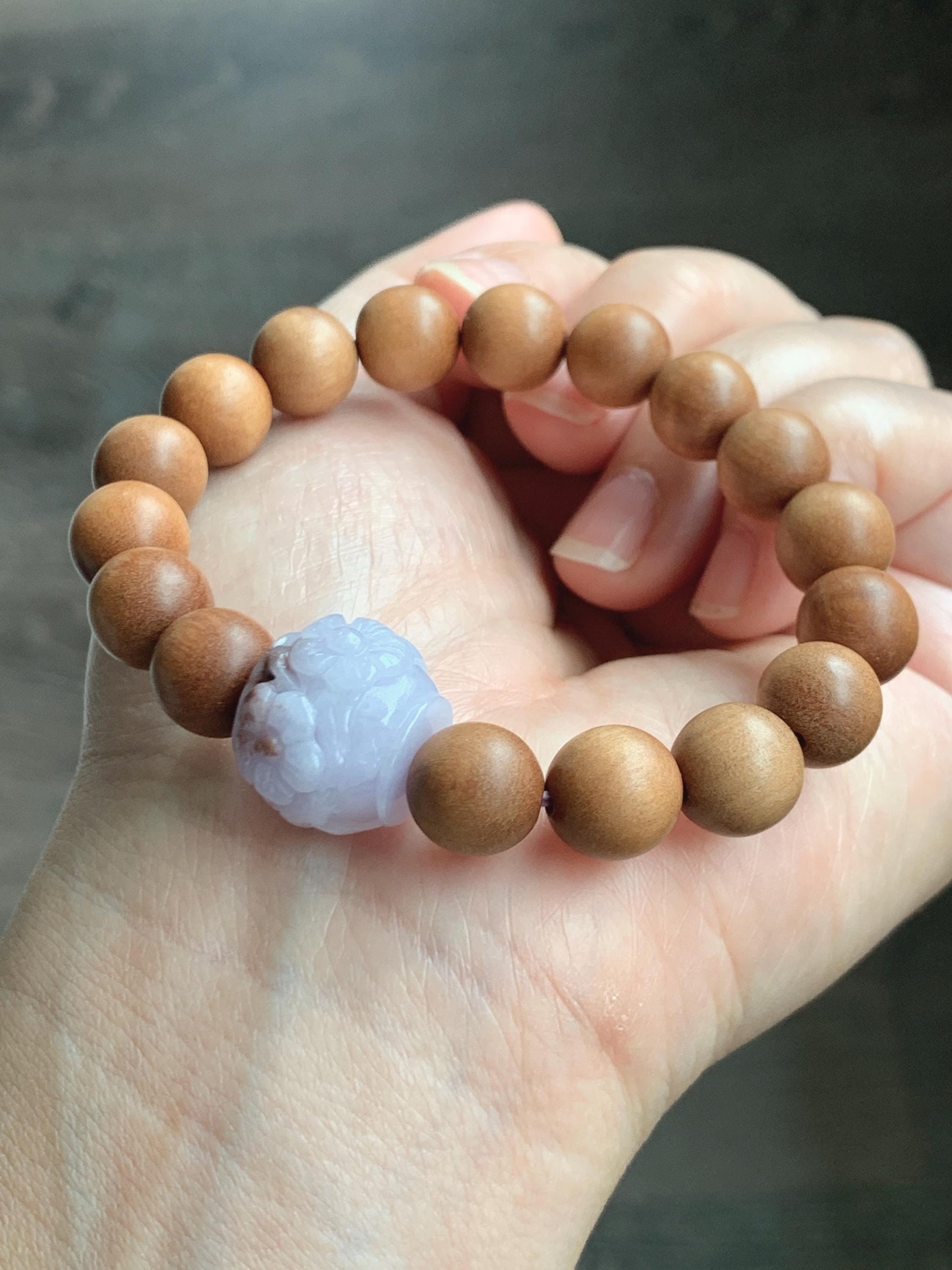 Natural Grade A Icy Translucent Pastel Purple Brown Marbled Jadeite Cherry Blossom Drum Bead Beaded Bracelet 6.5” 天然冰紫飘红翡翠梅花珠木珠手串 MZH195B