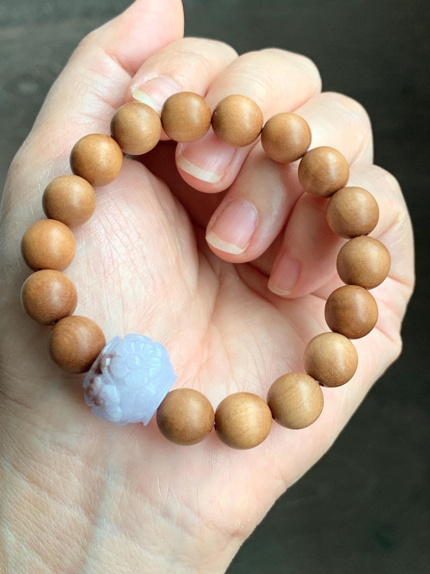 Natural Grade A Icy Translucent Pastel Purple Brown Marbled Jadeite Cherry Blossom Drum Bead Beaded Bracelet 6.5” 天然冰紫飘红翡翠梅花珠木珠手串 MZH195B