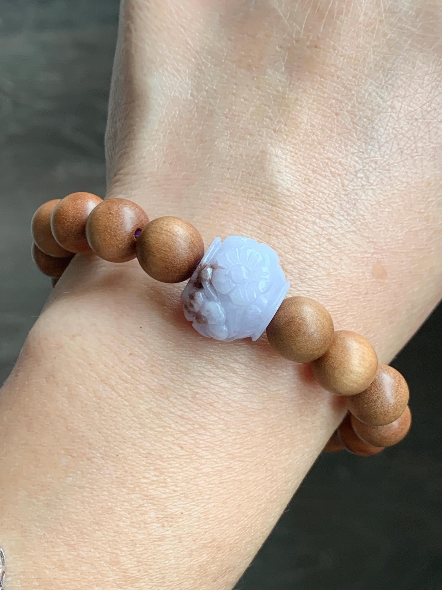 Natural Grade A Icy Translucent Pastel Purple Brown Marbled Jadeite Cherry Blossom Drum Bead Beaded Bracelet 6.5” 天然冰紫飘红翡翠梅花珠木珠手串 MZH195B