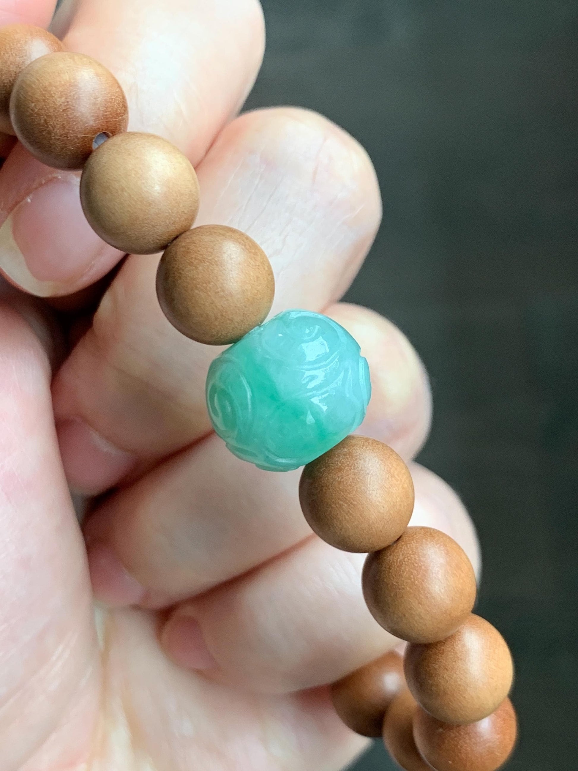 Natural Grade A Icy Translucent Light Apple Green Jade Jadeite Engraved Barrel Bead Beaded Bracelet 7.25” 15g 天然冰浅果绿翡翠桶珠木珠手串 MGL99A