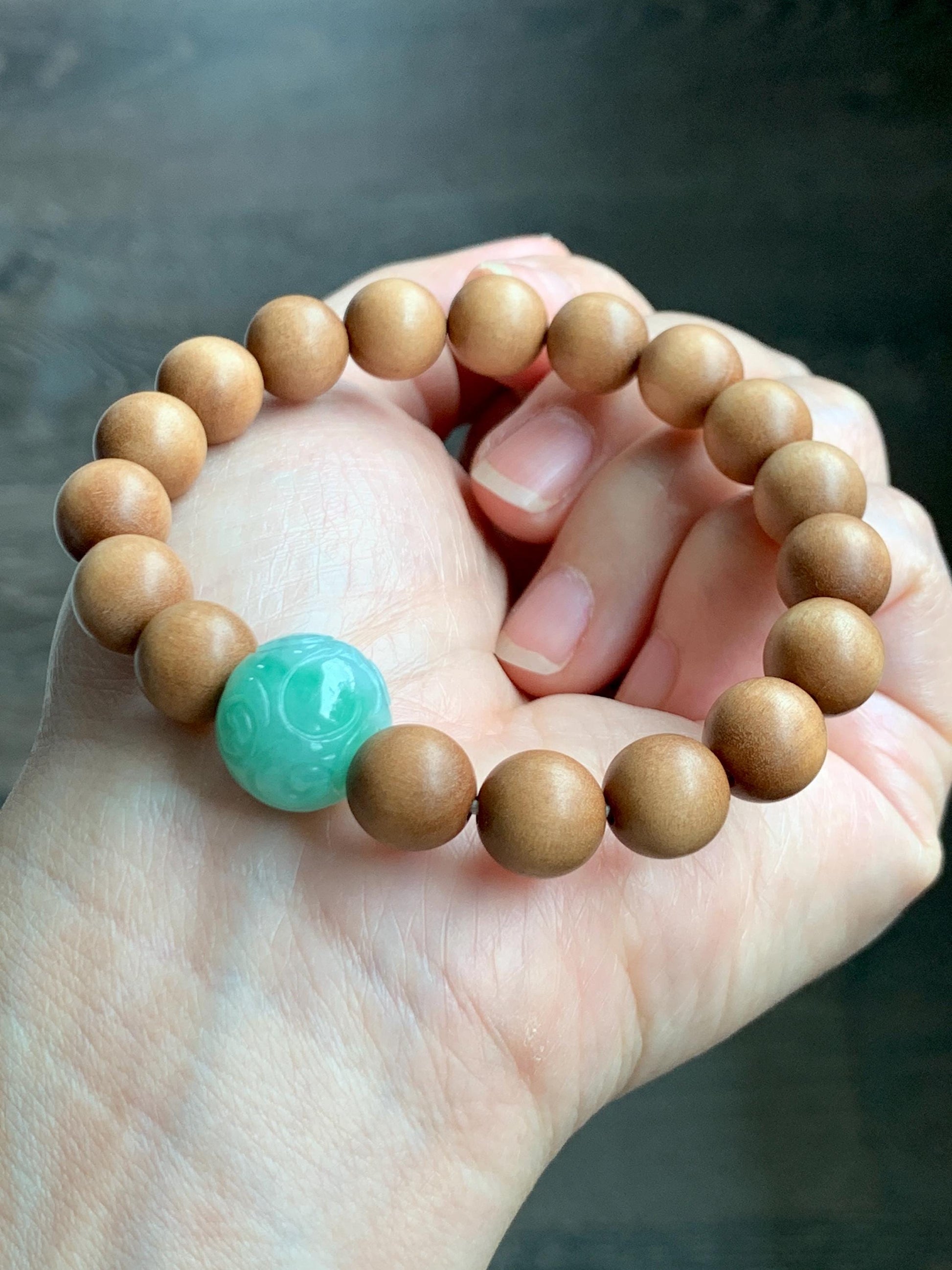 Natural Grade A Icy Translucent Light Apple Green Jade Jadeite Engraved Barrel Bead Beaded Bracelet 7.25” 15g 天然冰浅果绿翡翠桶珠木珠手串 MGL99A