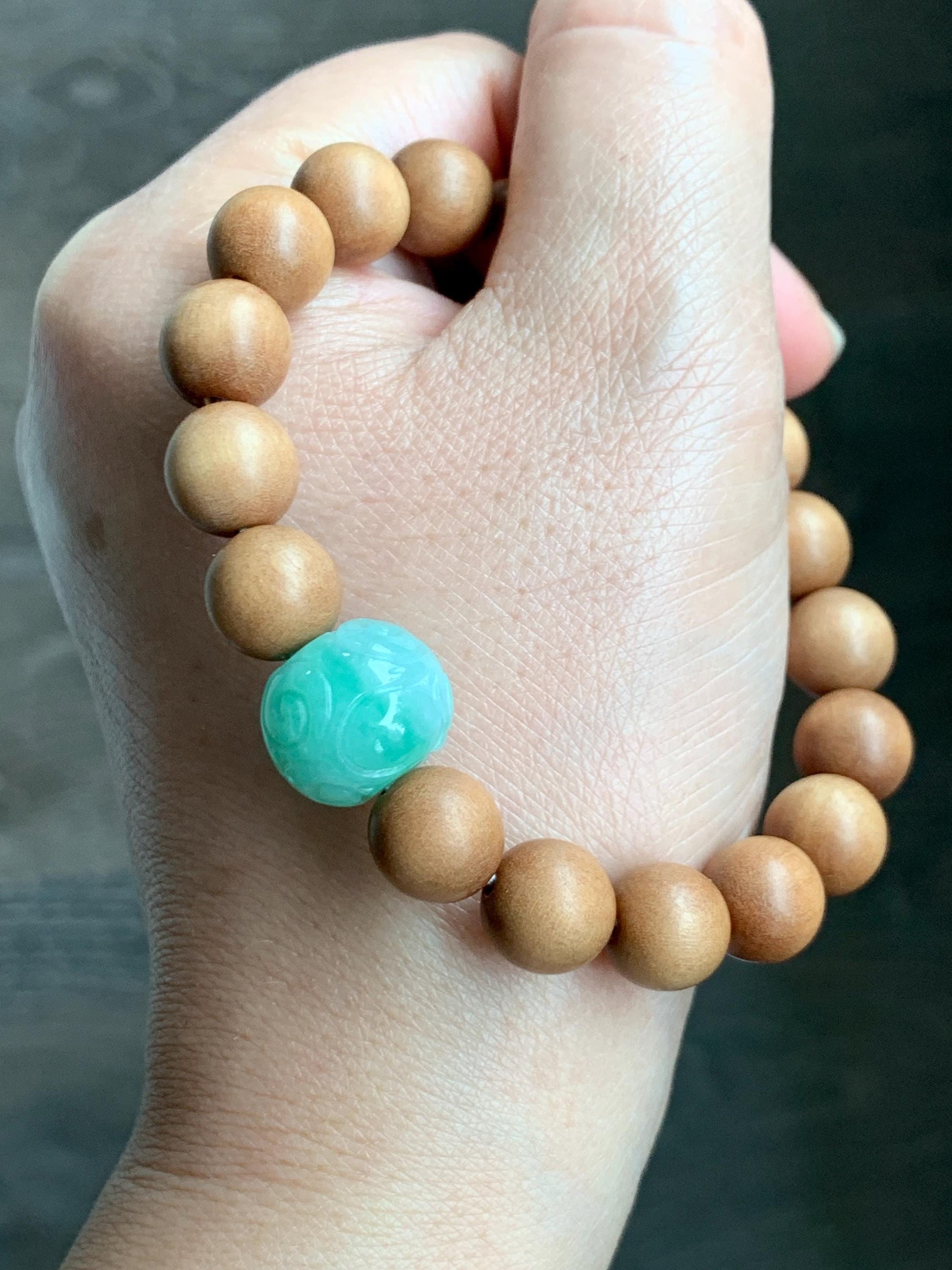 Natural Grade A Icy Translucent Light Apple Green Jade Jadeite Engraved Barrel Bead Beaded Bracelet 7.25” 15g 天然冰浅果绿翡翠桶珠木珠手串 MGL99A